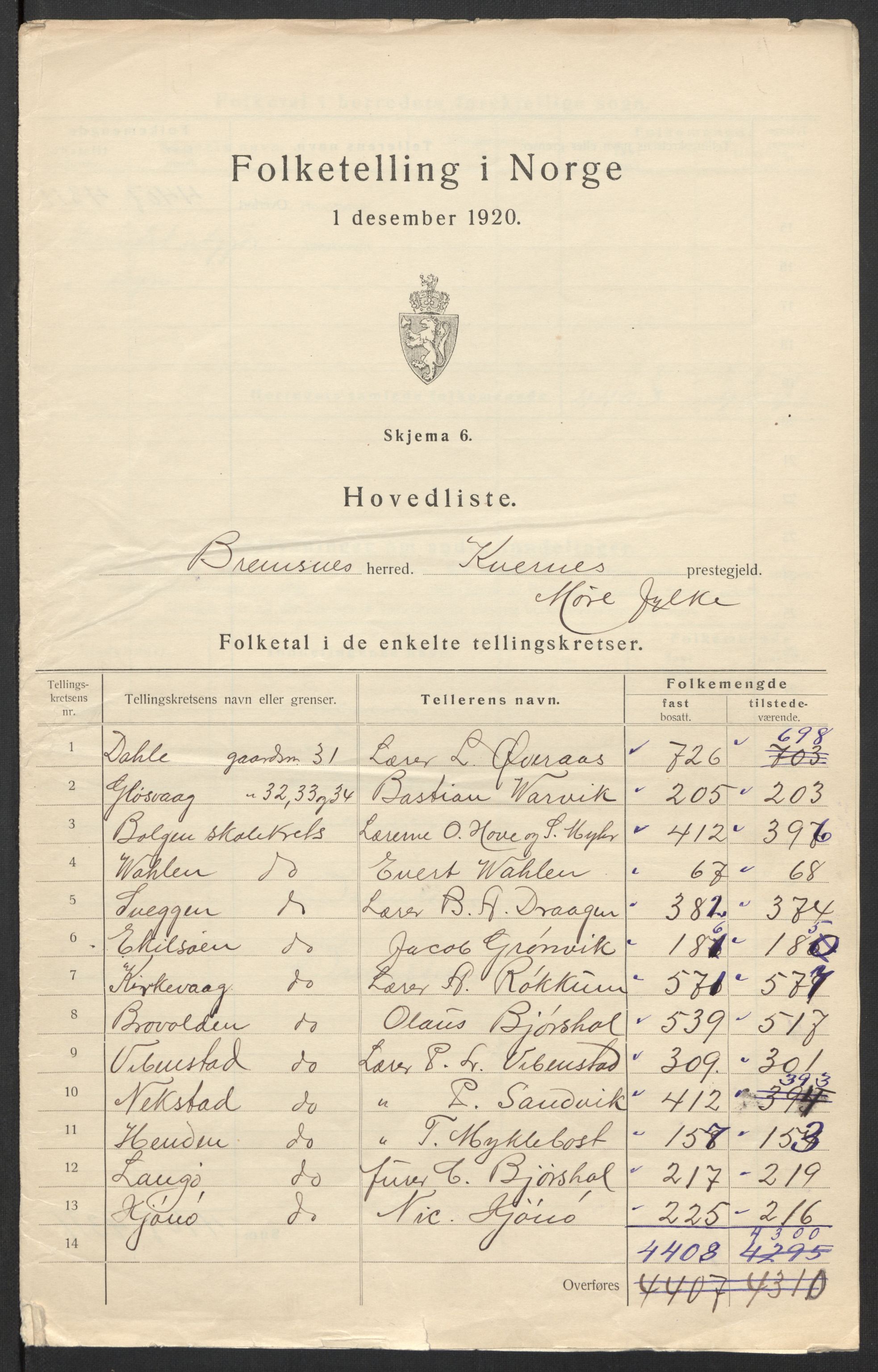 SAT, 1920 census for Bremsnes, 1920, p. 3