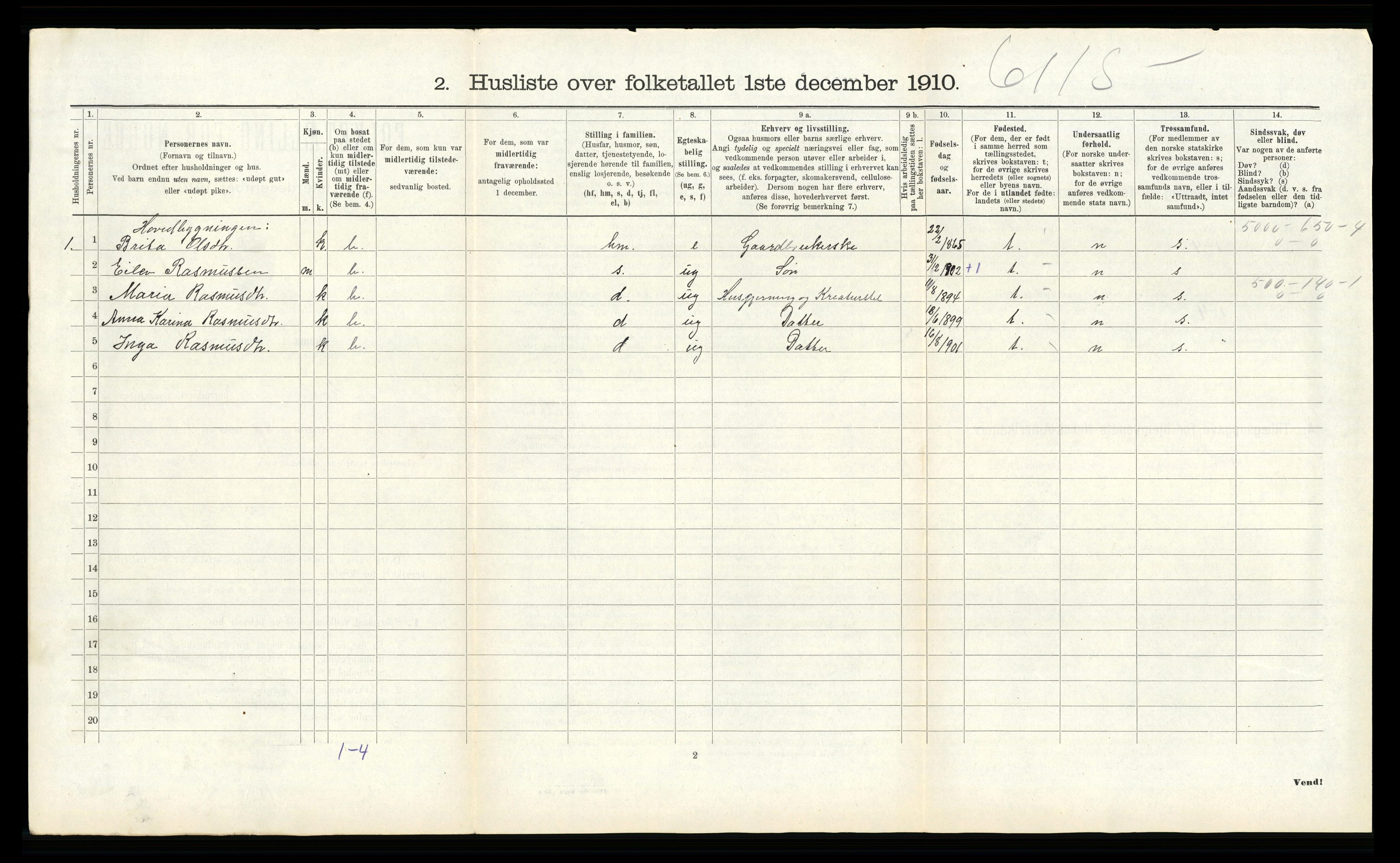 RA, 1910 census for Modalen, 1910, p. 184