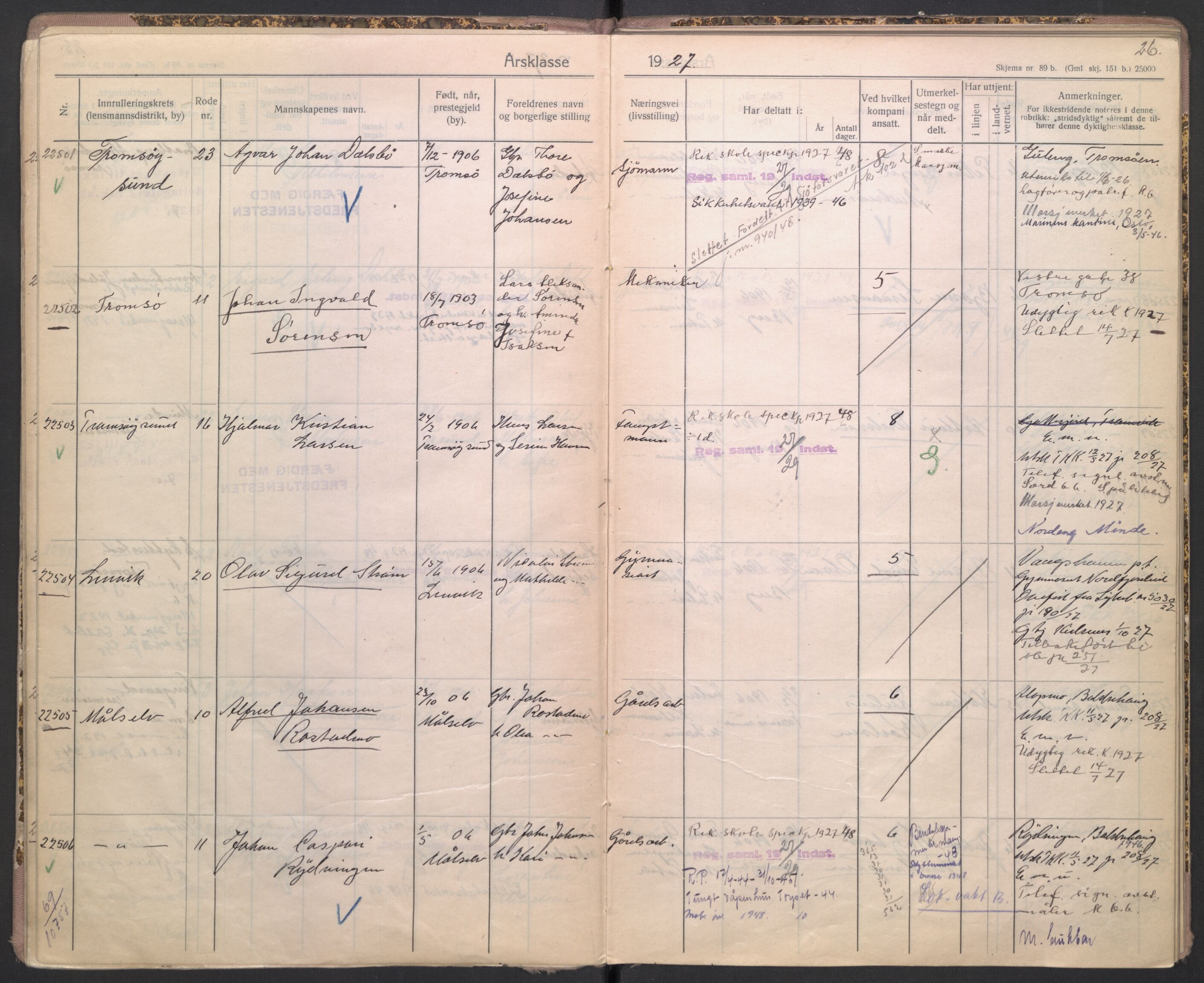 Forsvaret, Troms infanteriregiment nr. 16, AV/RA-RAFA-3146/P/Pa/L0004/0004: Ruller / Rulle for Bardu bataljons menige mannskaper, årsklasse 1927, 1927, p. 26