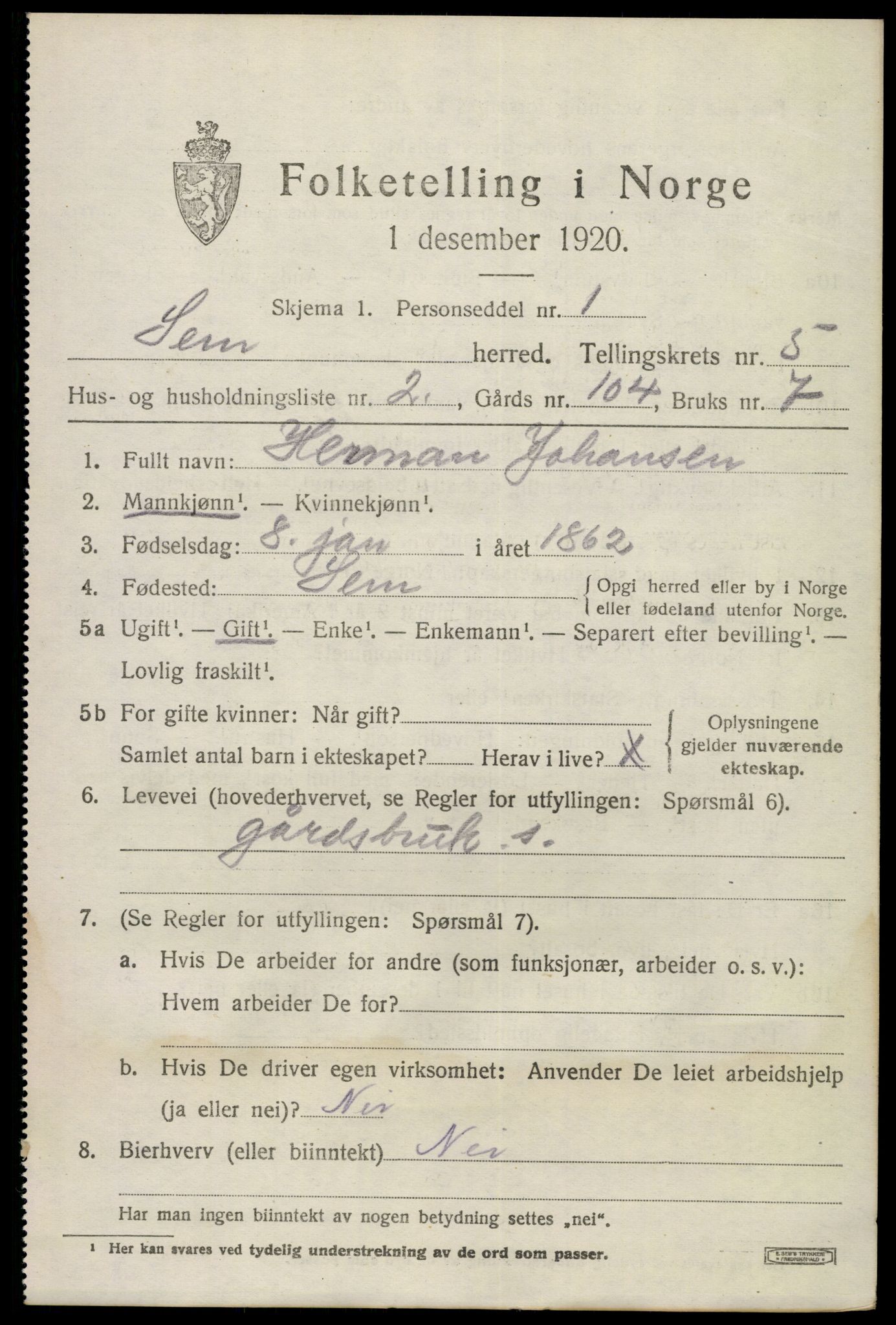 SAKO, 1920 census for Sem, 1920, p. 7853