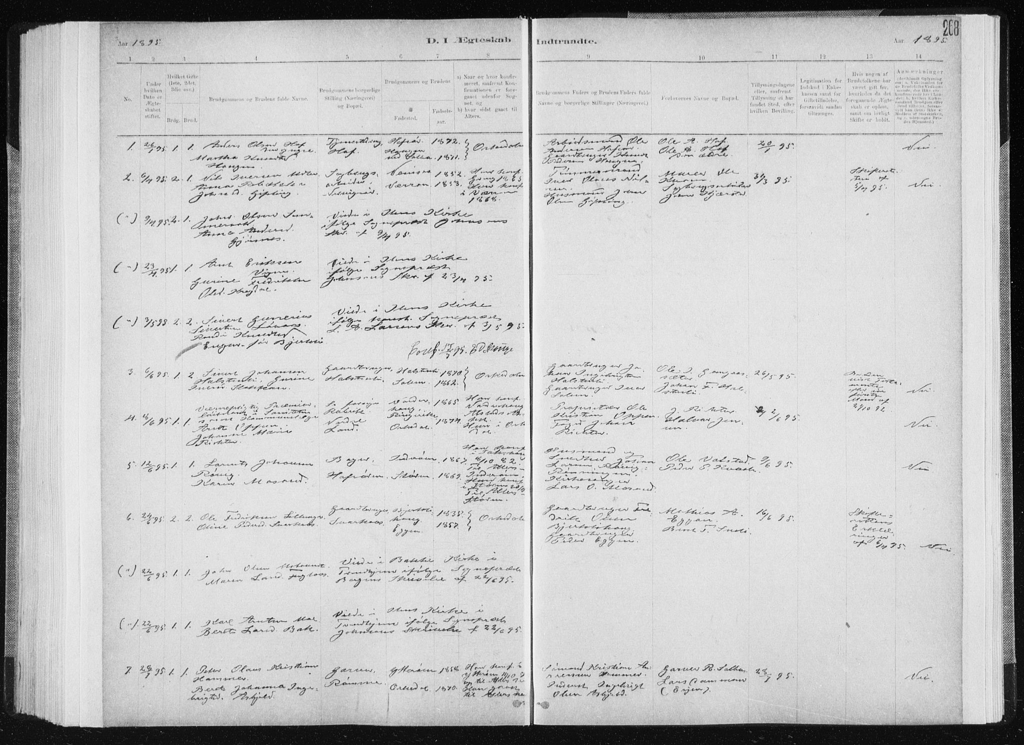 Ministerialprotokoller, klokkerbøker og fødselsregistre - Sør-Trøndelag, SAT/A-1456/668/L0818: Parish register (copy) no. 668C07, 1885-1898, p. 268