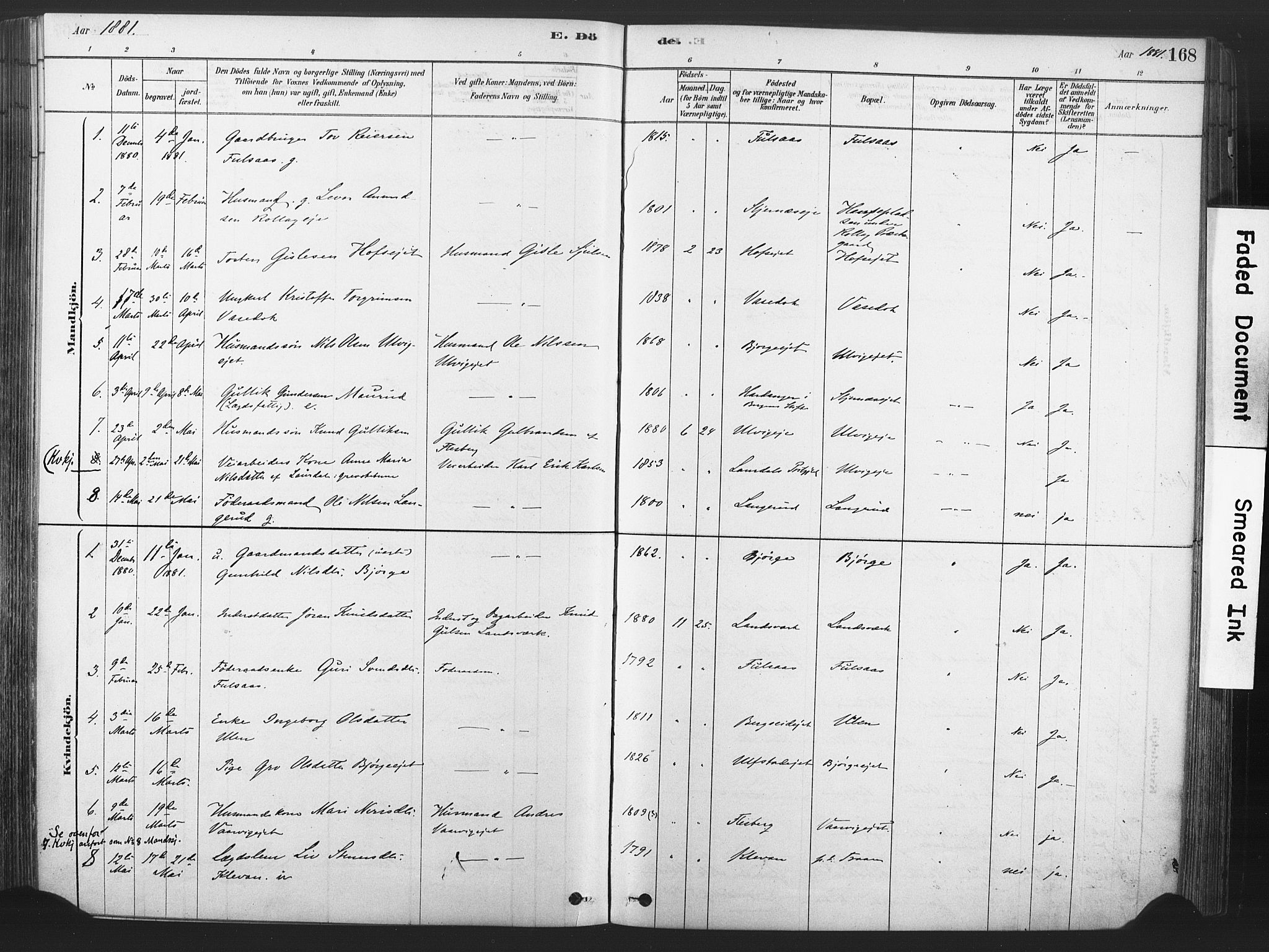 Rollag kirkebøker, SAKO/A-240/F/Fa/L0011: Parish register (official) no. I 11, 1878-1902, p. 168