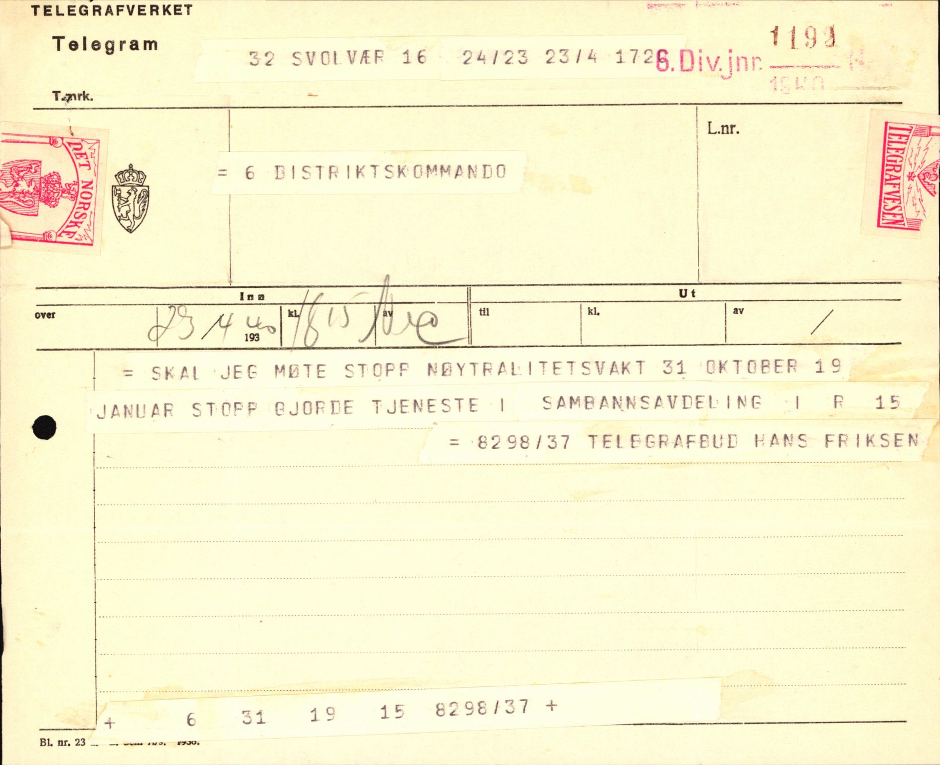 Forsvaret, Forsvarets krigshistoriske avdeling, RA/RAFA-2017/Y/Yb/L0122: II-C-11-600  -  6. Divisjon med avdelinger, 1940, p. 235