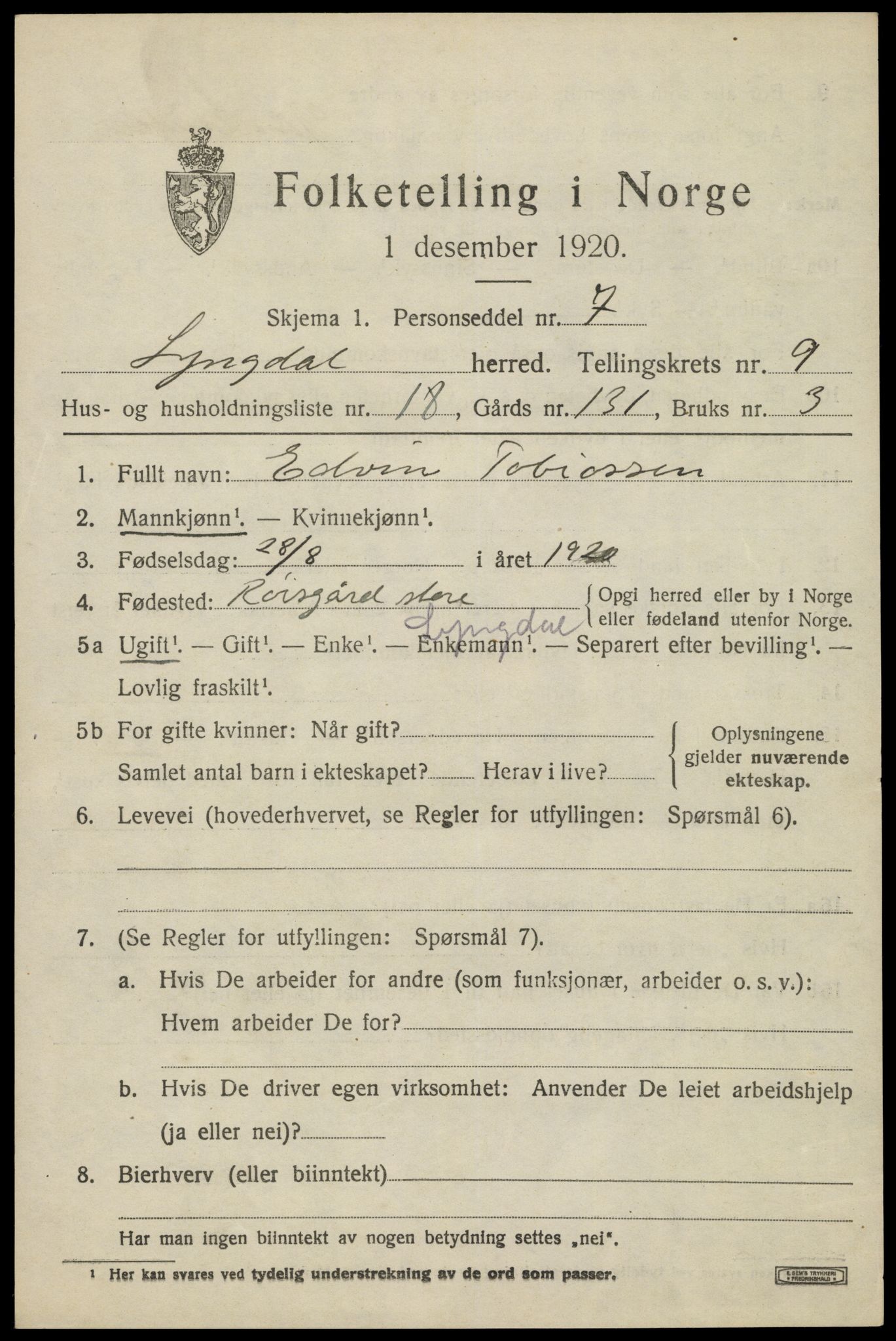 SAK, 1920 census for Lyngdal, 1920, p. 4803