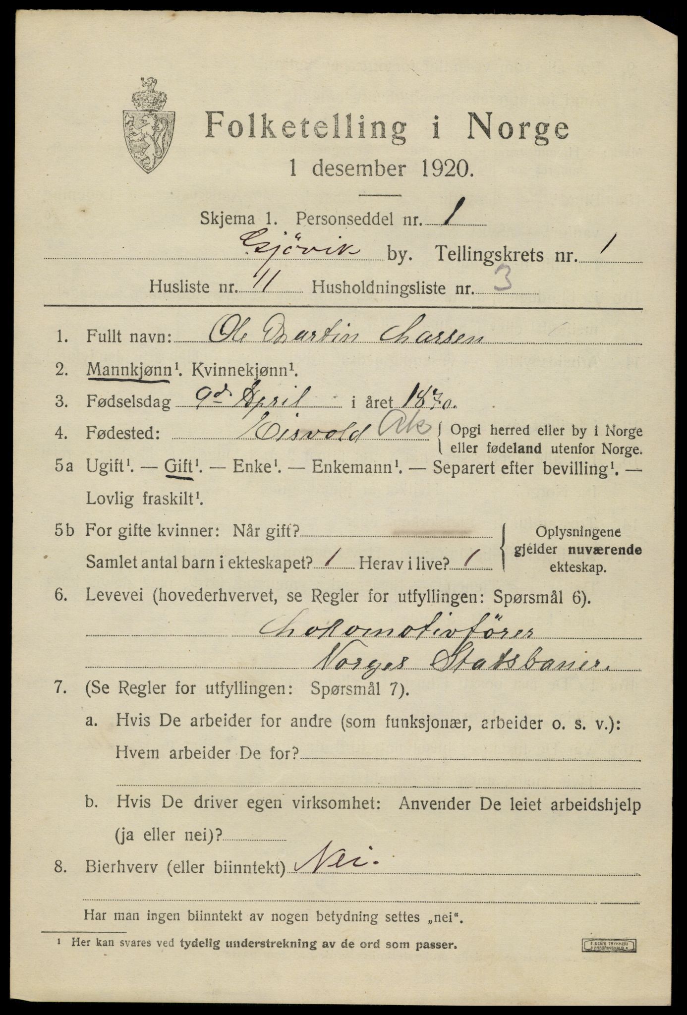 SAH, 1920 census for Gjøvik, 1920, p. 2790