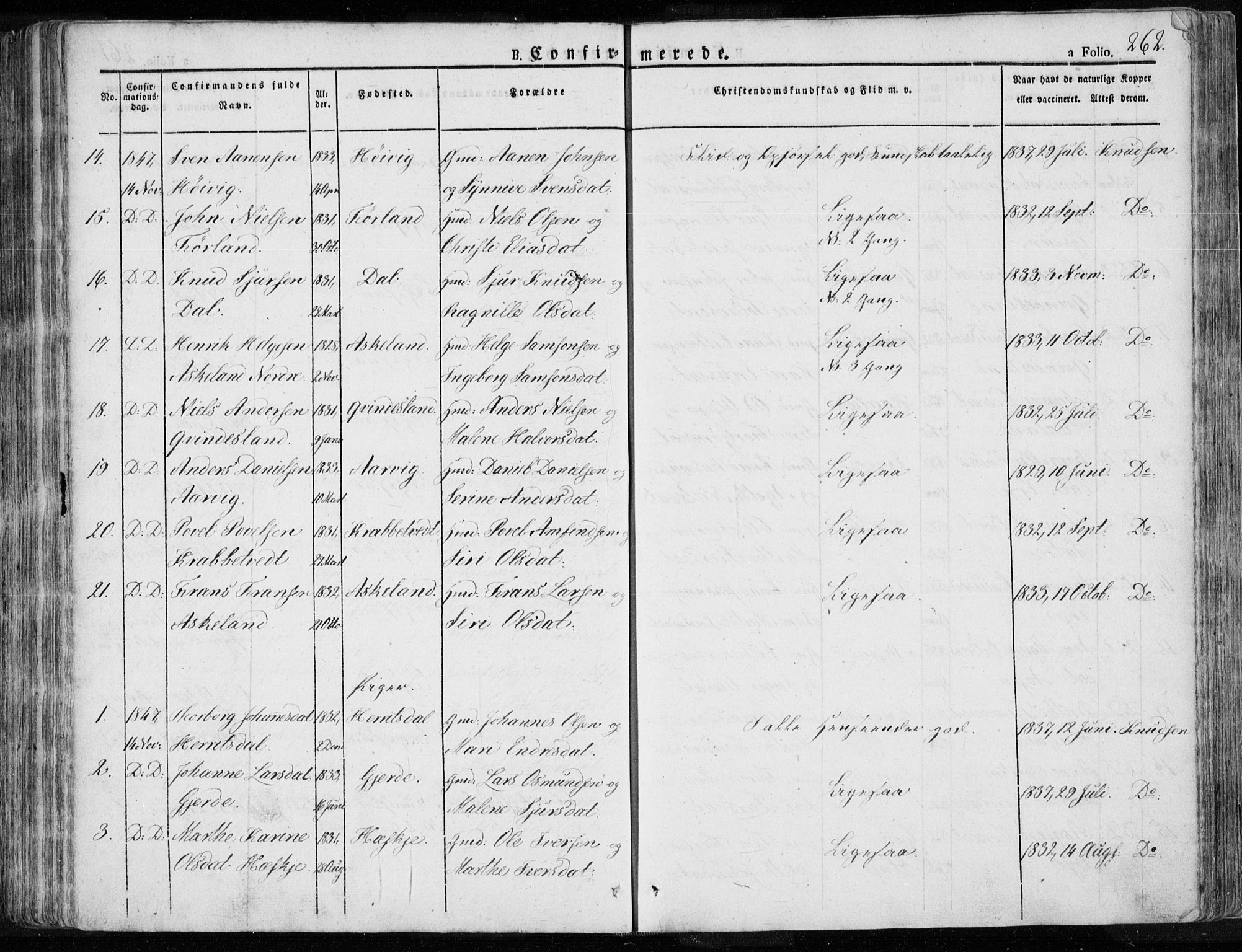 Tysvær sokneprestkontor, AV/SAST-A -101864/H/Ha/Haa/L0001: Parish register (official) no. A 1.1, 1831-1856, p. 262