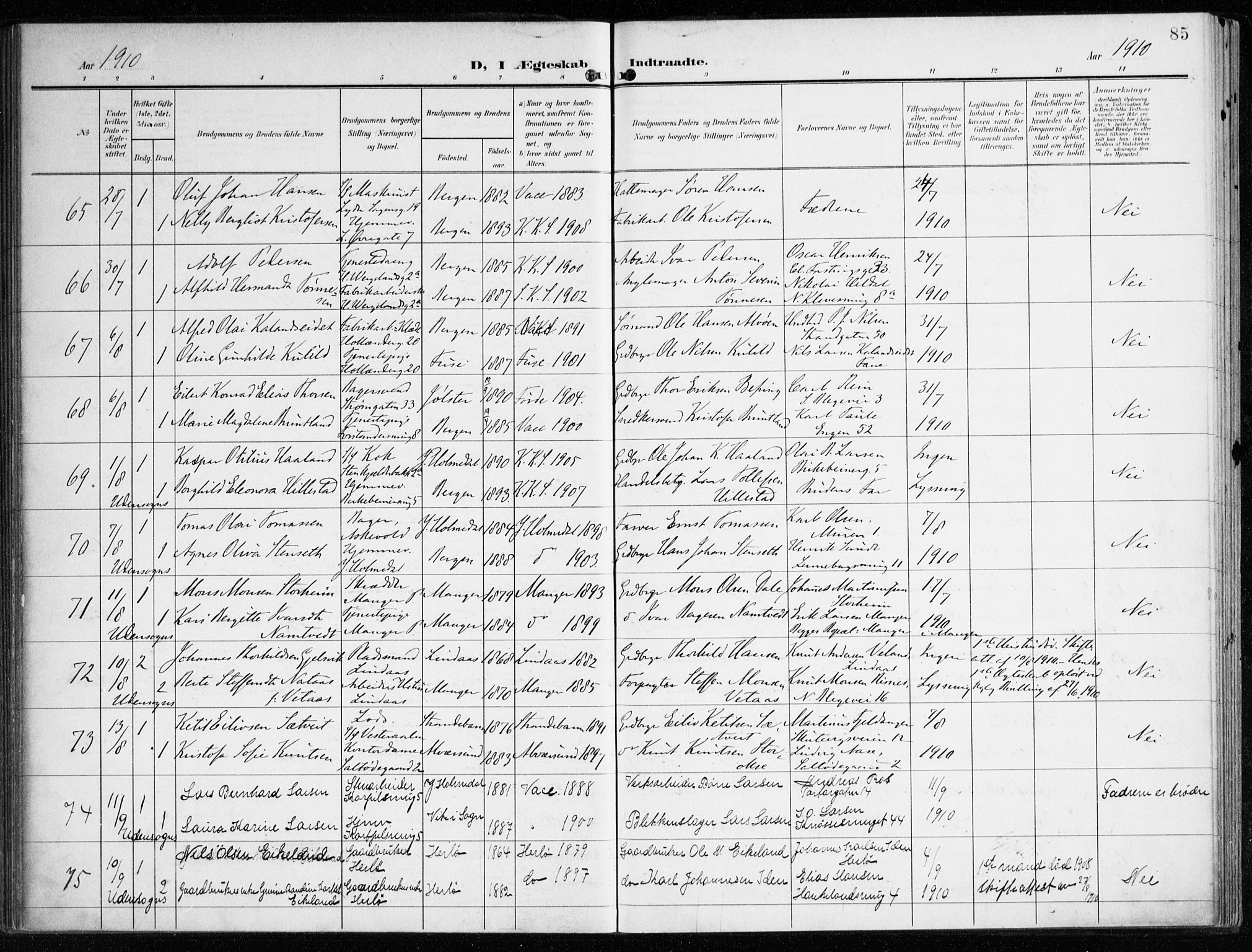 Korskirken sokneprestembete, AV/SAB-A-76101/H/Haa/L0038: Parish register (official) no. D 5, 1904-1919, p. 85