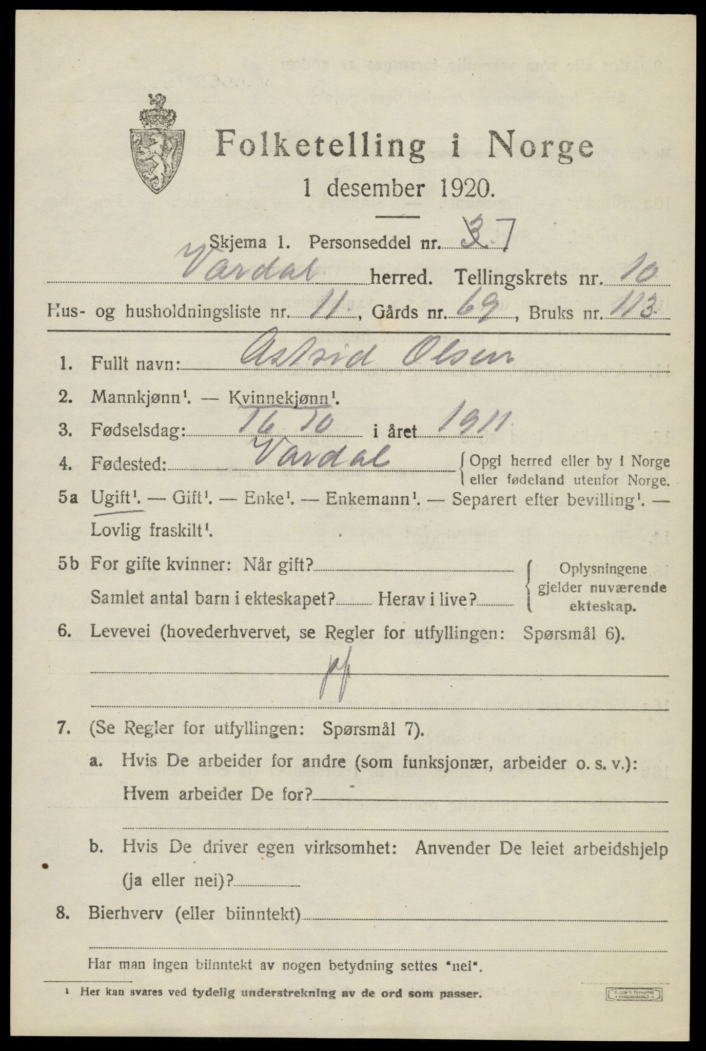 SAH, 1920 census for Vardal, 1920, p. 8643