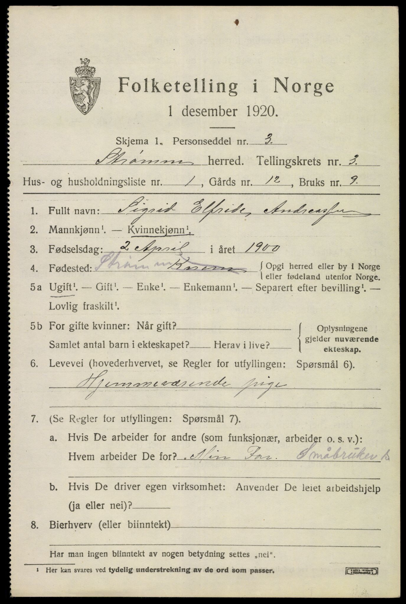 SAKO, 1920 census for Strømm, 1920, p. 2023