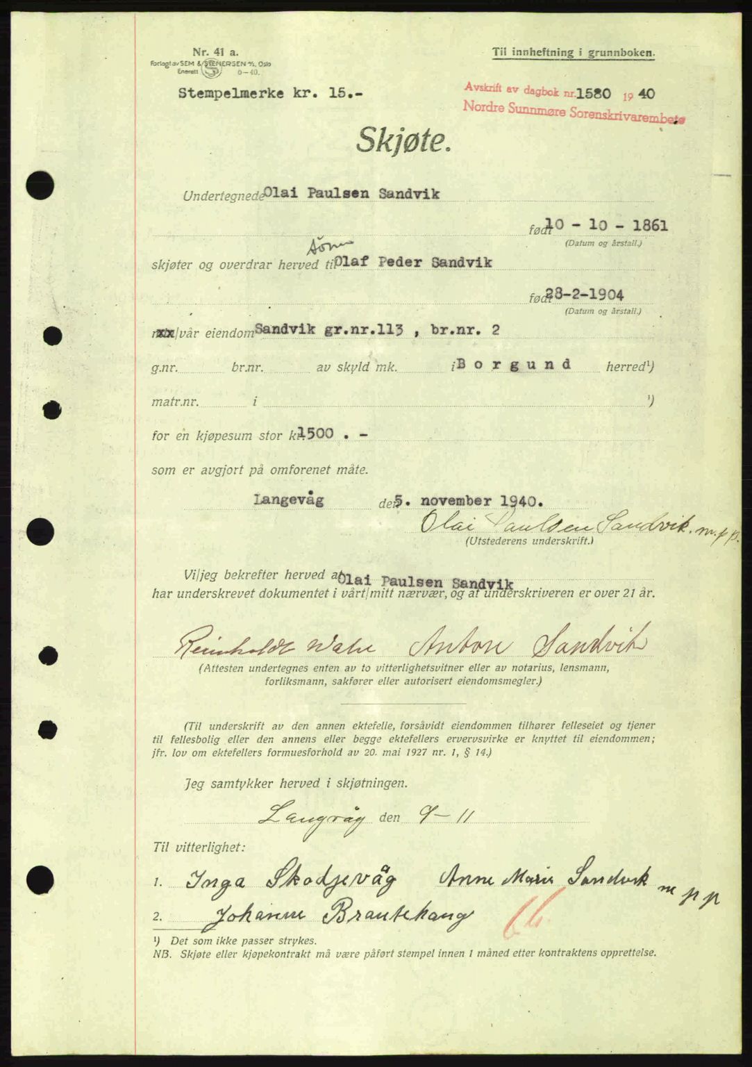 Nordre Sunnmøre sorenskriveri, AV/SAT-A-0006/1/2/2C/2Ca: Mortgage book no. A10, 1940-1941, Diary no: : 1580/1940