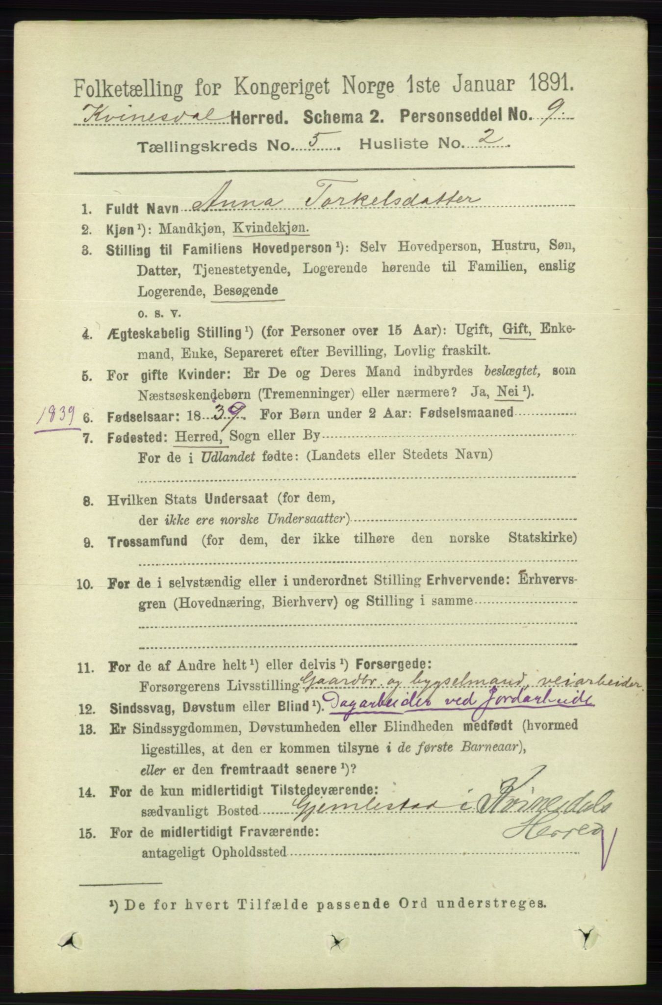 RA, 1891 census for 1037 Kvinesdal, 1891, p. 1711