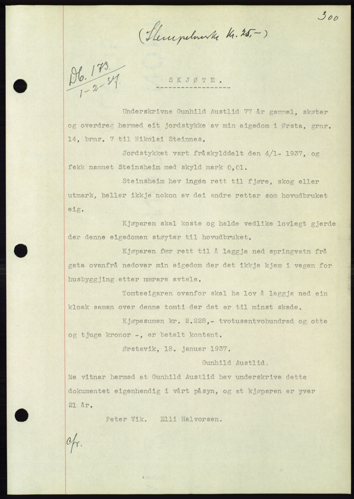 Søre Sunnmøre sorenskriveri, AV/SAT-A-4122/1/2/2C/L0062: Mortgage book no. 56, 1936-1937, Diary no: : 173/1937