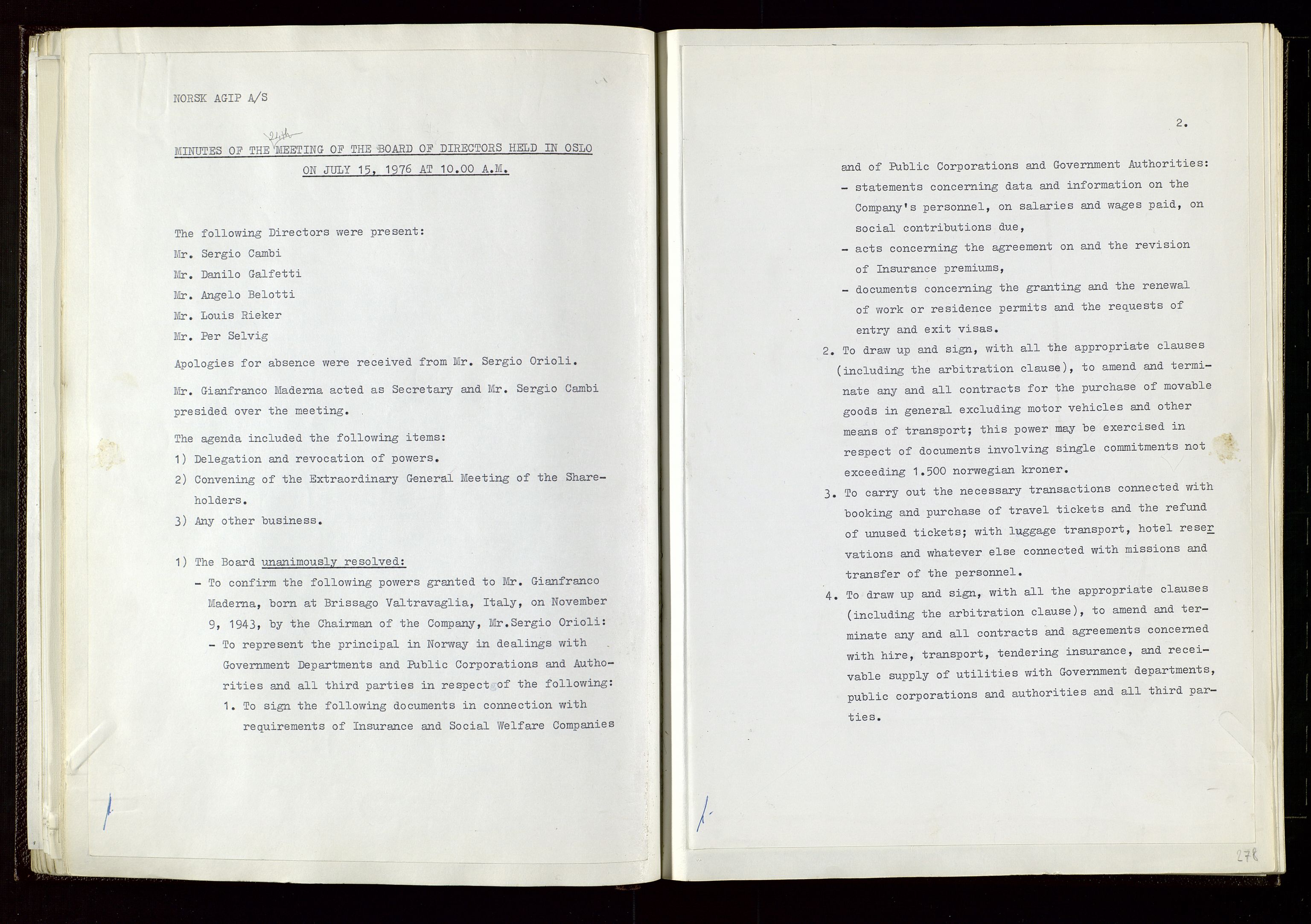 Pa 1583 - Norsk Agip AS, AV/SAST-A-102138/A/Aa/L0002: General assembly and Board of Directors meeting minutes, 1972-1979, p. 277-278