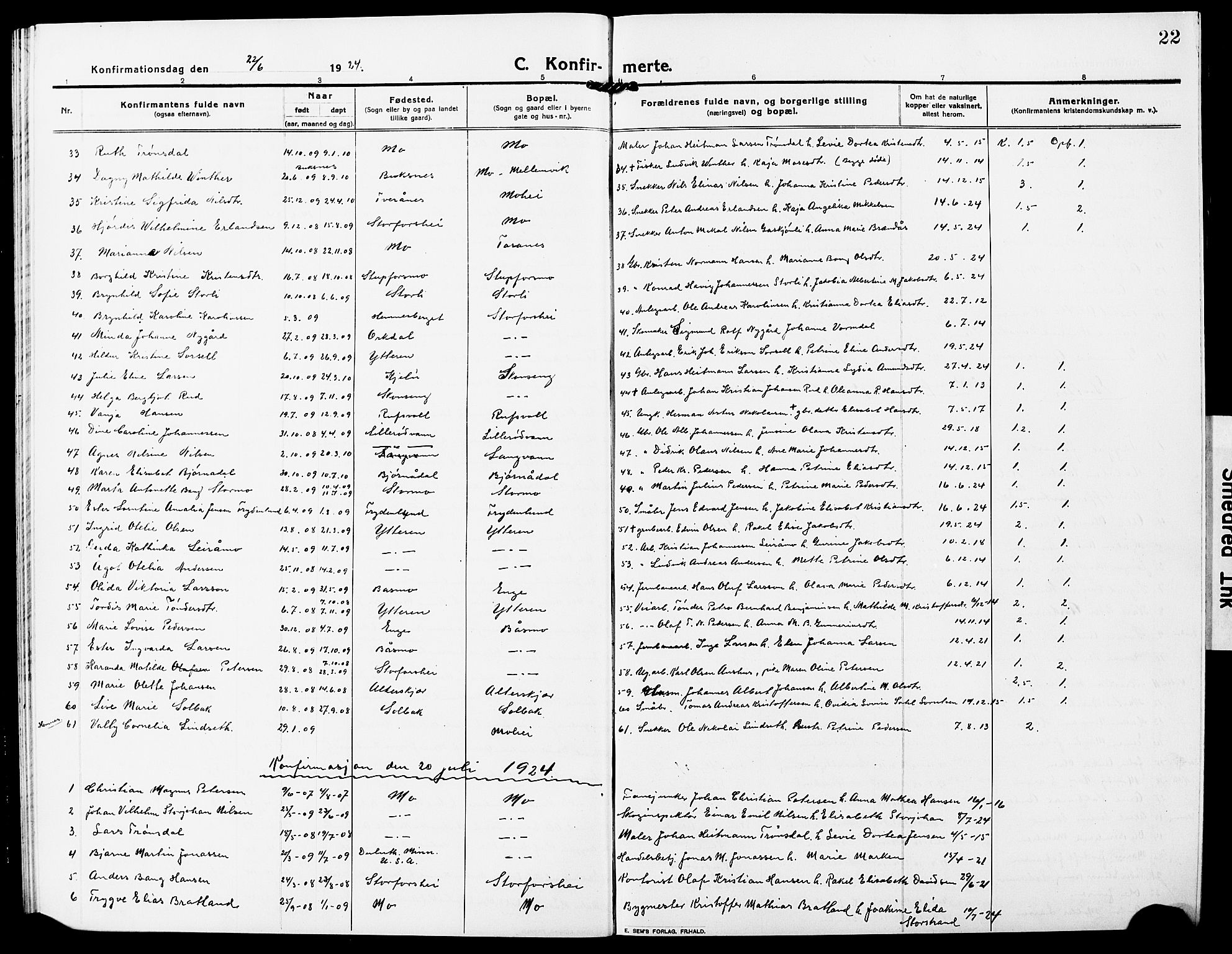 Ministerialprotokoller, klokkerbøker og fødselsregistre - Nordland, AV/SAT-A-1459/827/L0424: Parish register (copy) no. 827C13, 1921-1930, p. 22