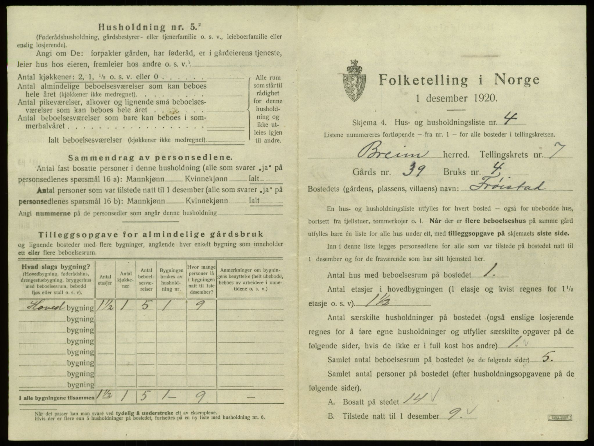 SAB, 1920 census for Breim, 1920, p. 523