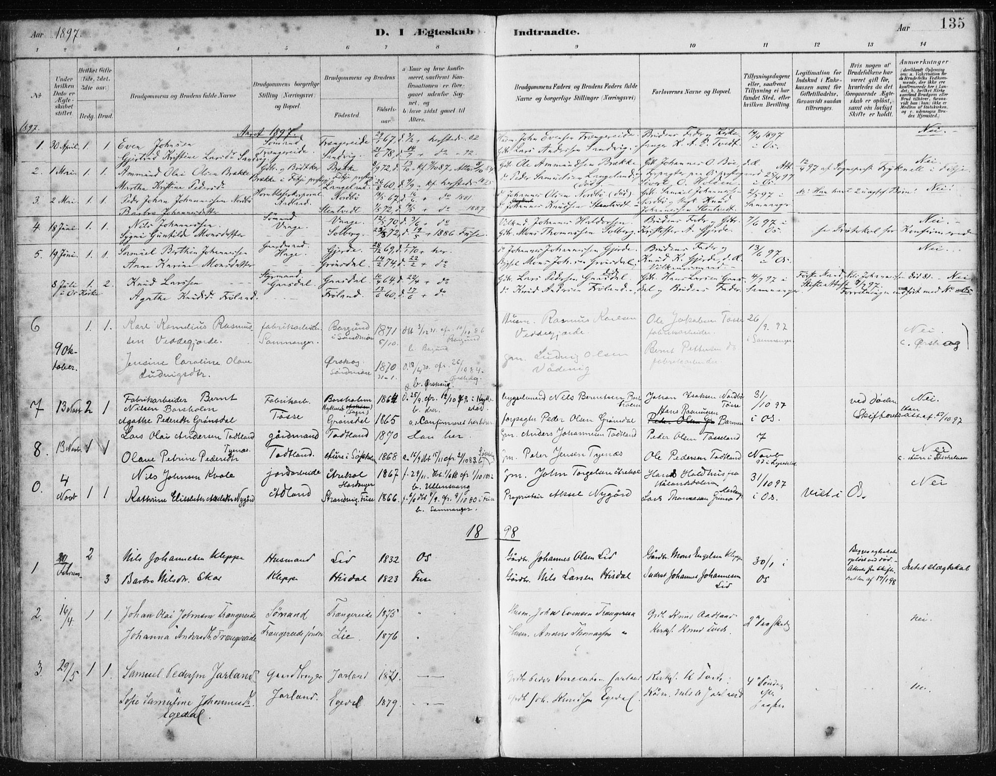 Samnanger Sokneprestembete, SAB/A-77501/H/Haa: Parish register (official) no. A 1, 1885-1901, p. 135