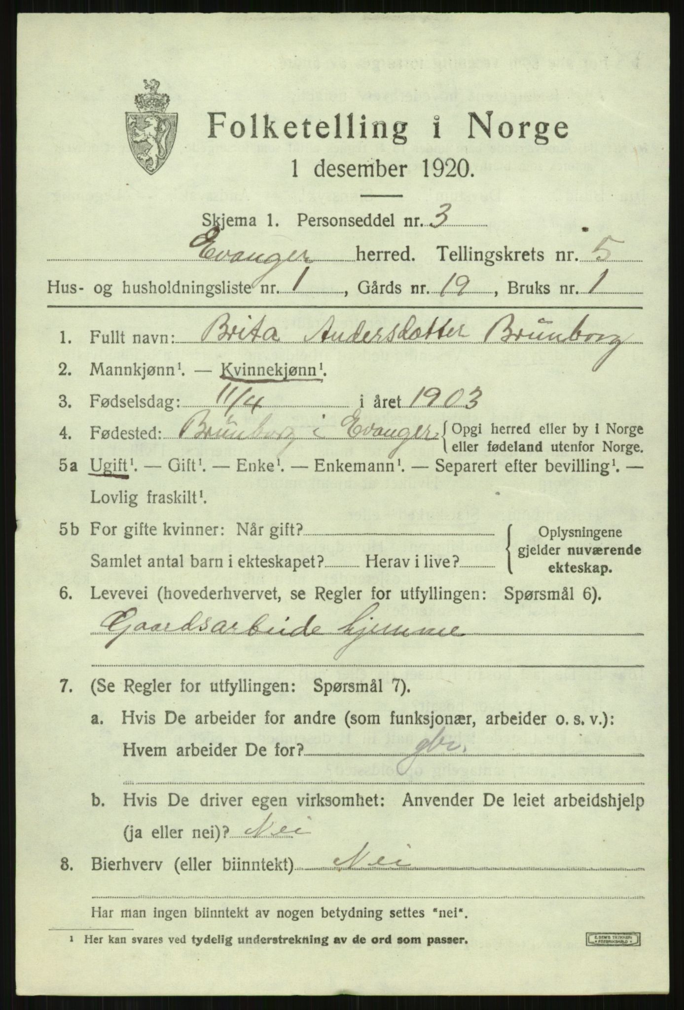 SAB, 1920 census for Evanger, 1920, p. 1661