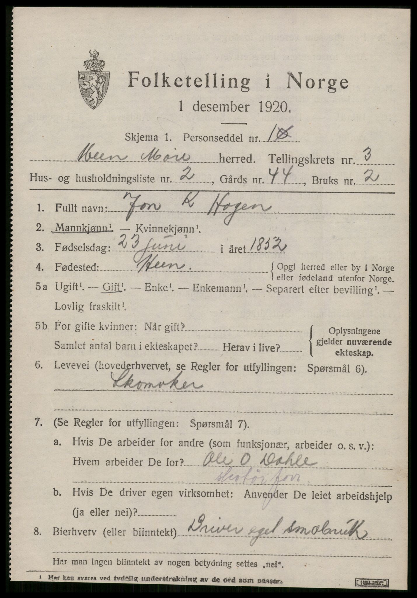 SAT, 1920 census for Hen, 1920, p. 1444