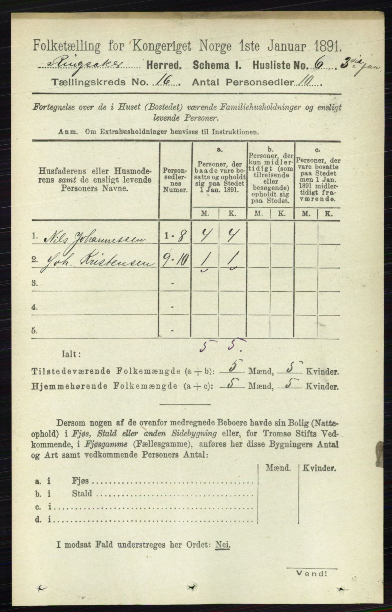 RA, 1891 census for 0412 Ringsaker, 1891, p. 8992