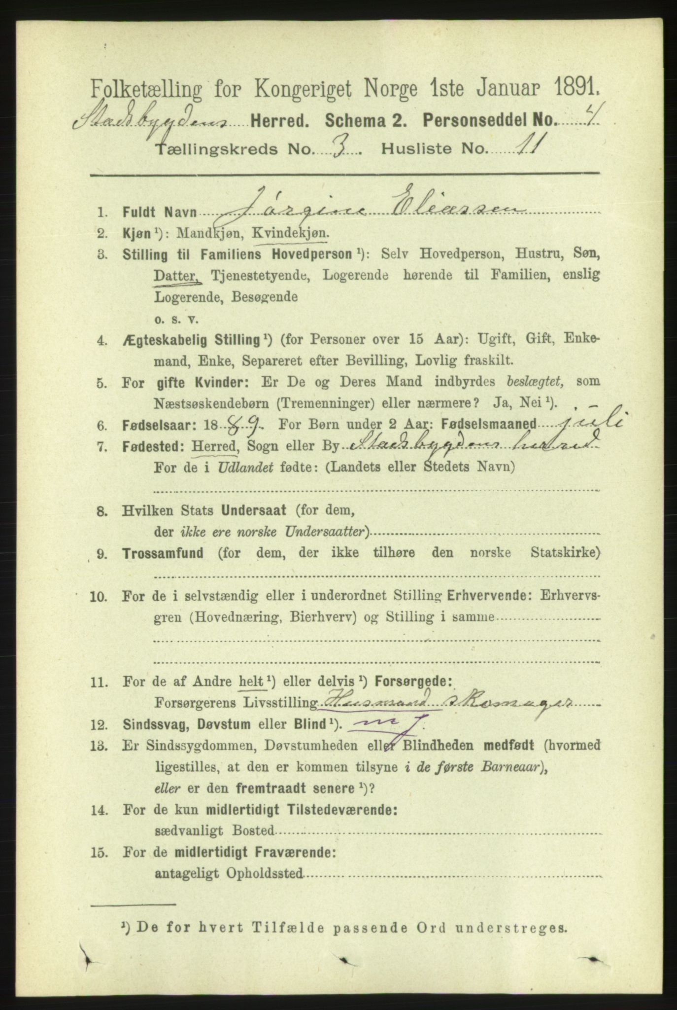 RA, 1891 census for 1625 Stadsbygd, 1891, p. 1425