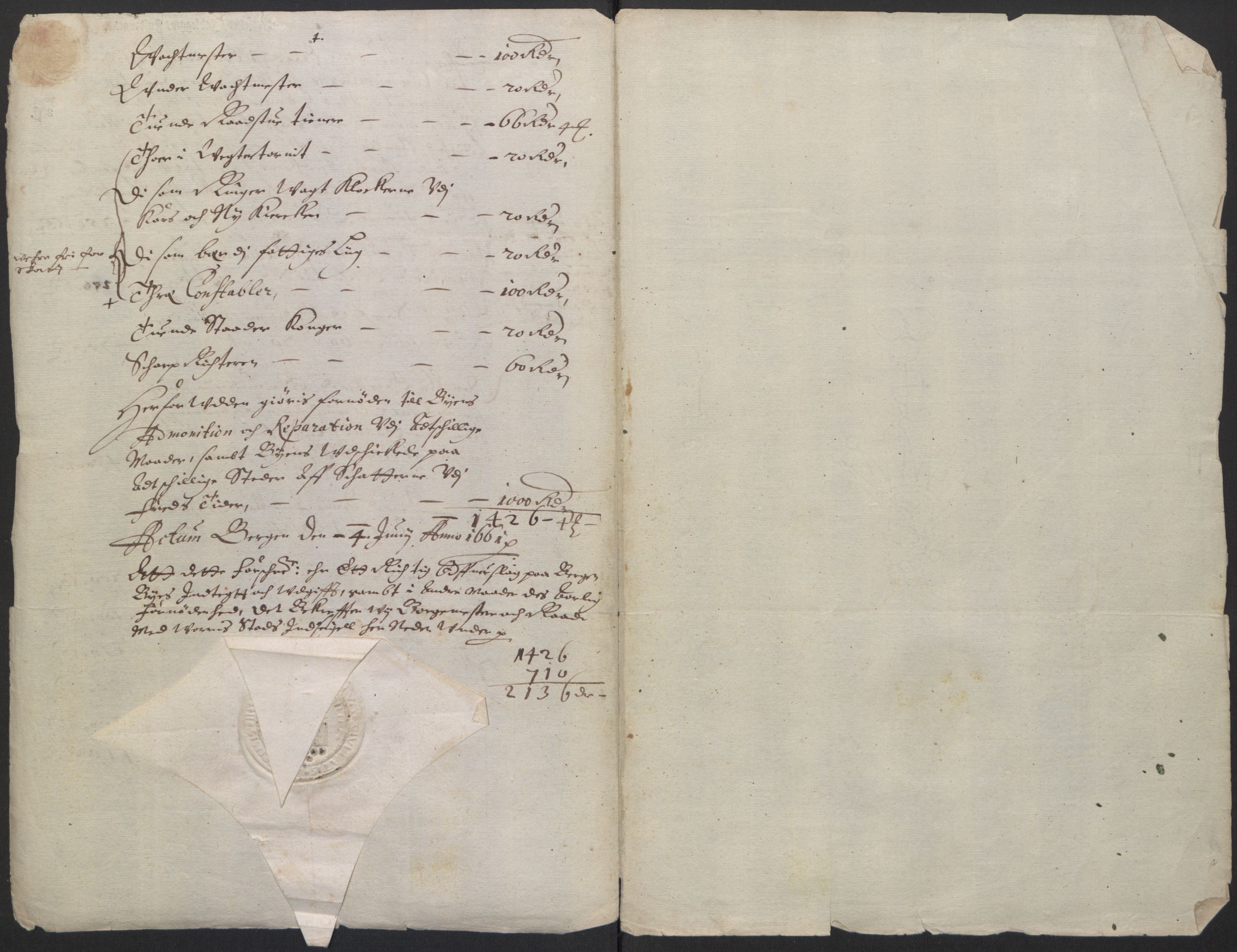 Rentekammeret inntil 1814, Realistisk ordnet avdeling, RA/EA-4070/L/L0026/0006: Bergen lagdømme: / Oppgave over Bergen bys inntekter og utgifter. Svar på kongebrev av 30. januar 1661 angående bestallinger, 1661