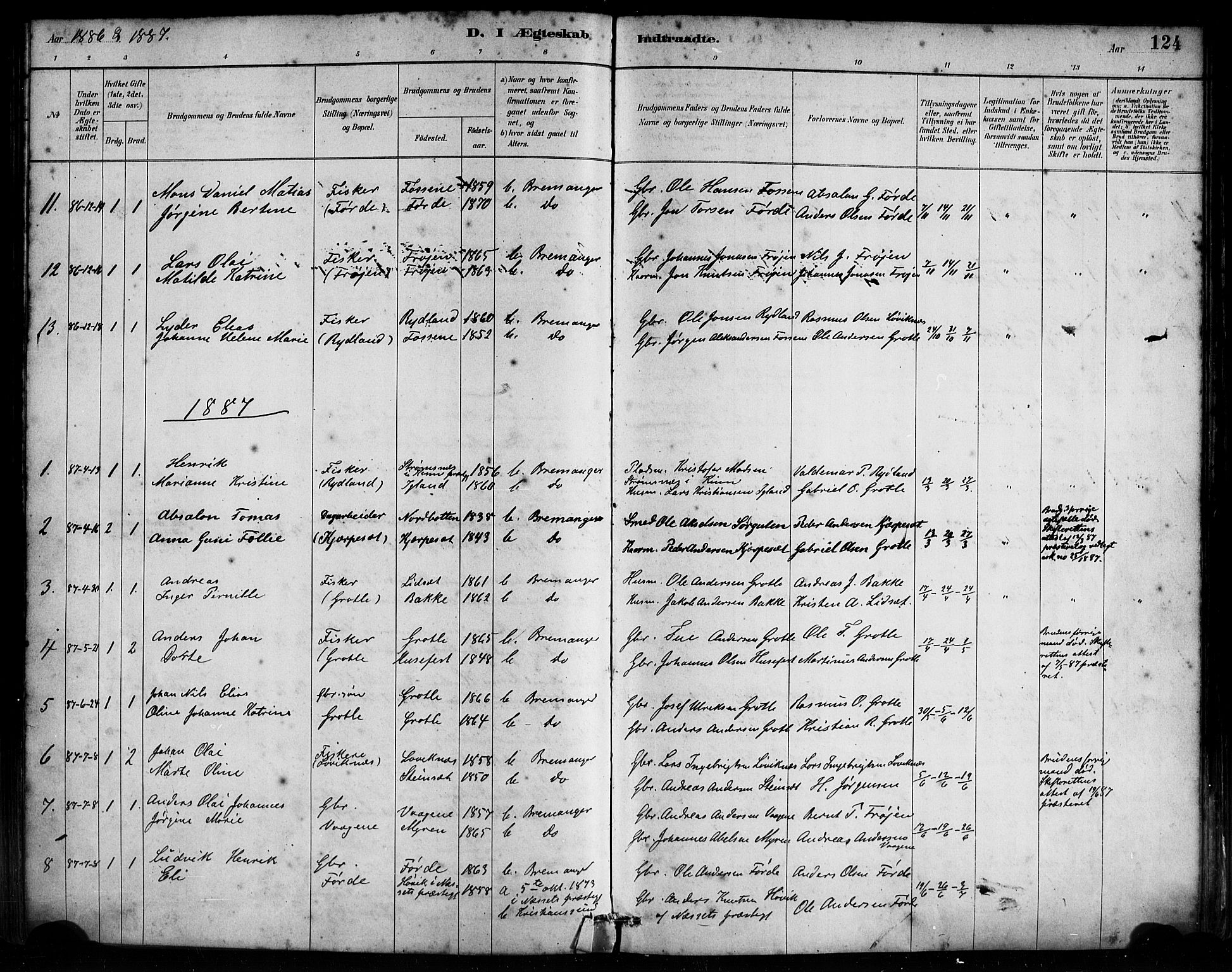Bremanger sokneprestembete, SAB/A-82201/H/Haa/Haab/L0001: Parish register (official) no. B 1, 1884-1895, p. 124