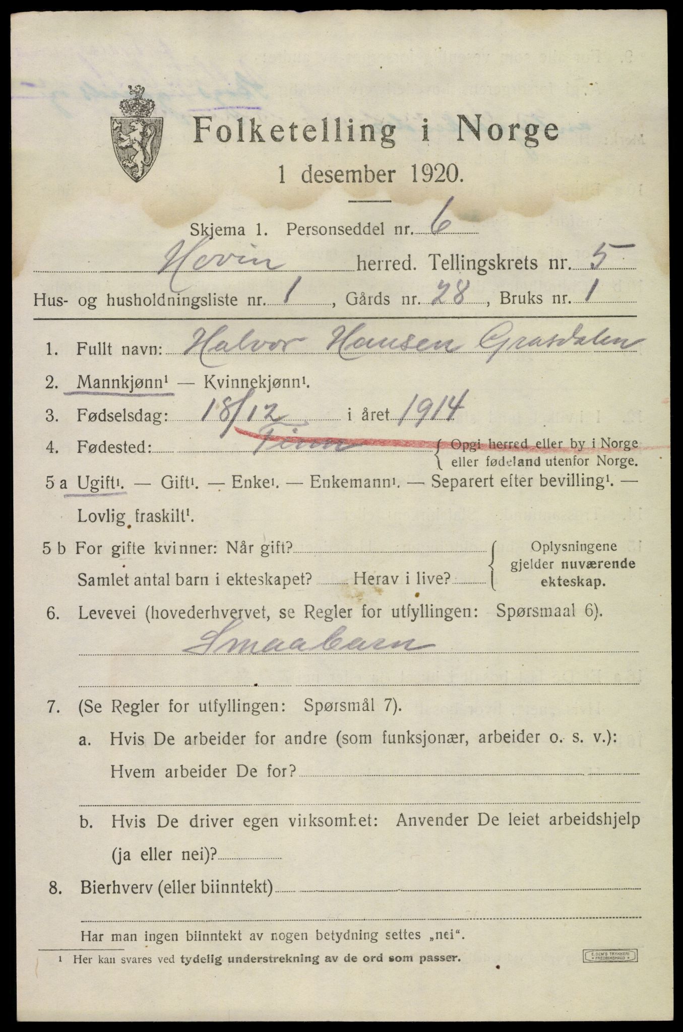 SAKO, 1920 census for Hovin, 1920, p. 1333