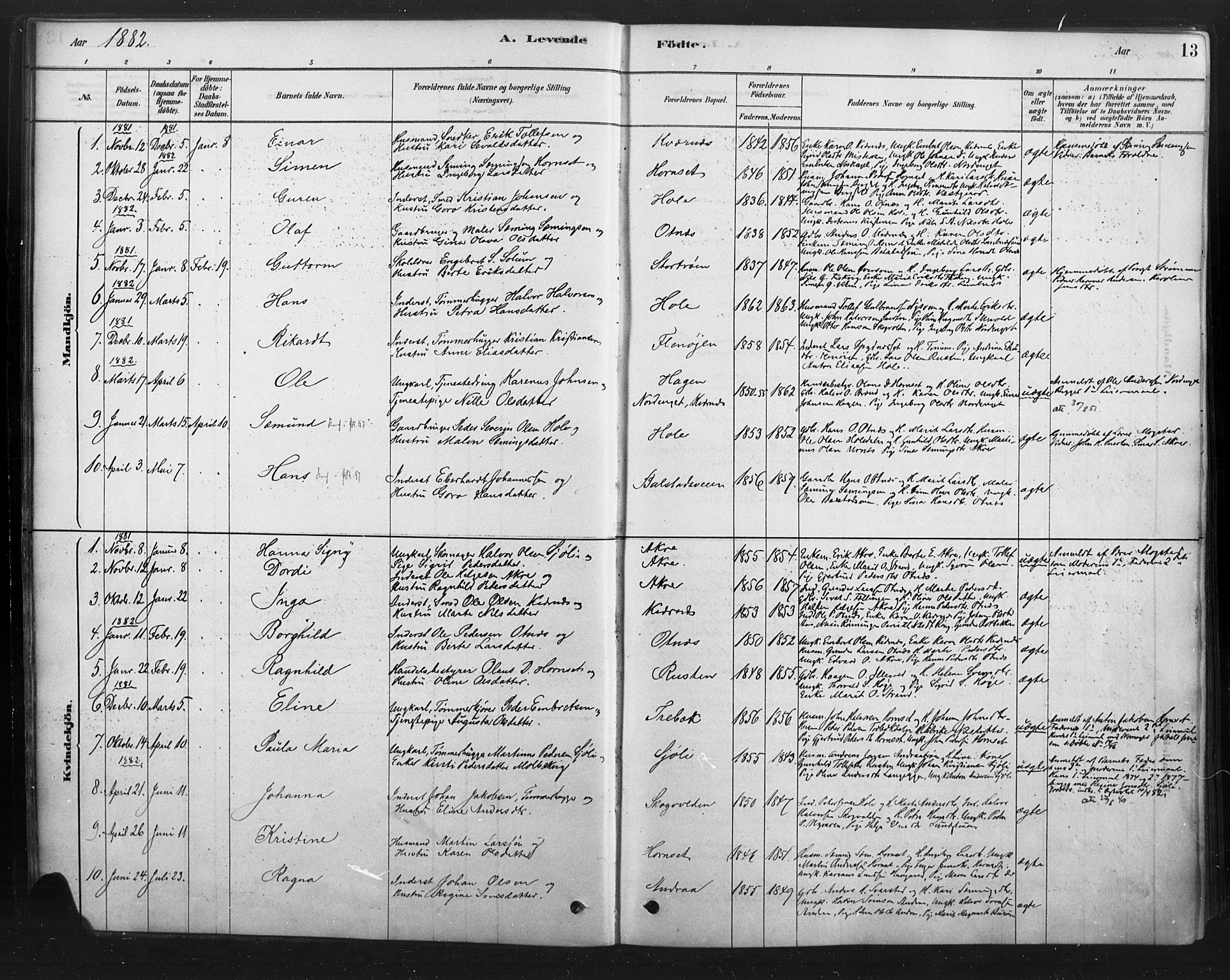 Rendalen prestekontor, SAH/PREST-054/H/Ha/Haa/L0010: Parish register (official) no. 10, 1878-1901, p. 13