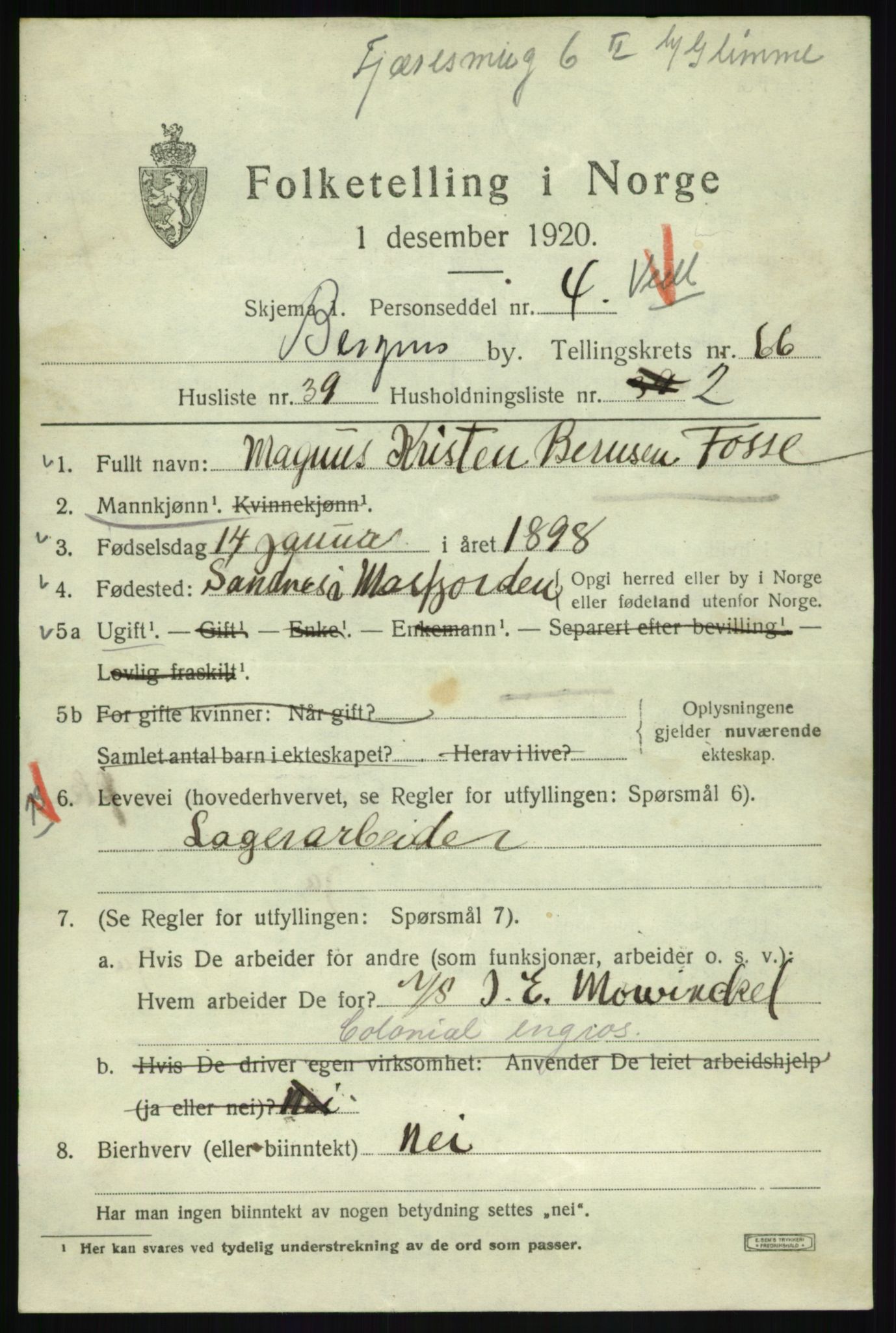 SAB, 1920 census for Bergen, 1920, p. 135147