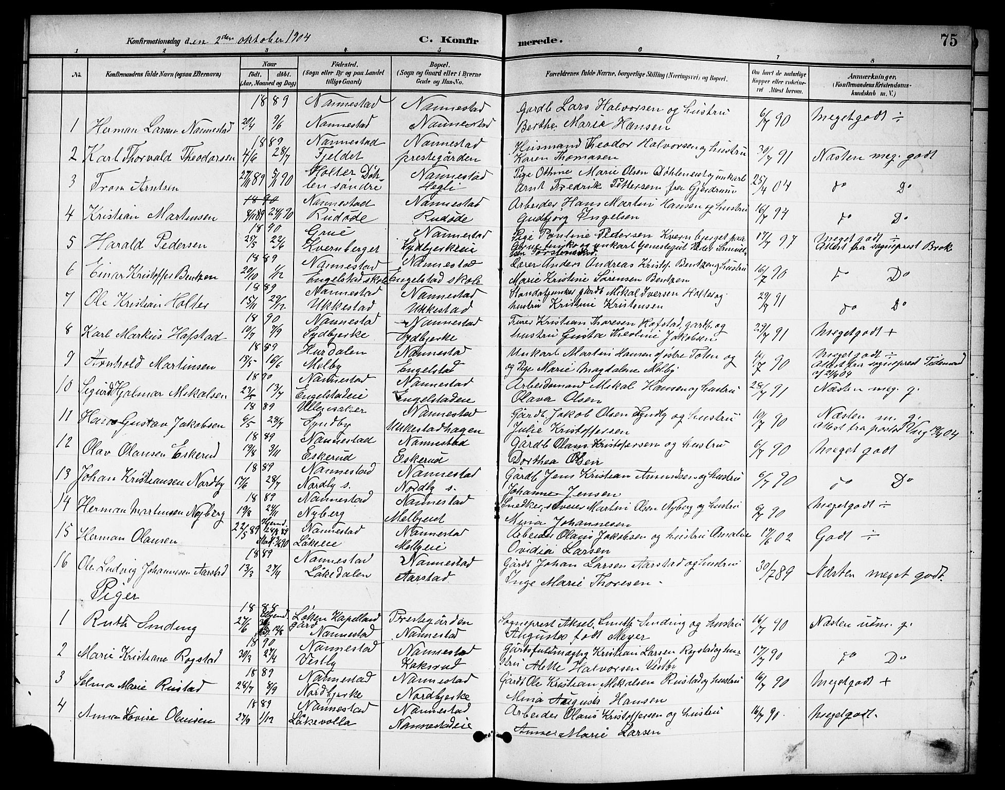 Nannestad prestekontor Kirkebøker, SAO/A-10414a/G/Ga/L0002: Parish register (copy) no. I 2, 1901-1913, p. 75