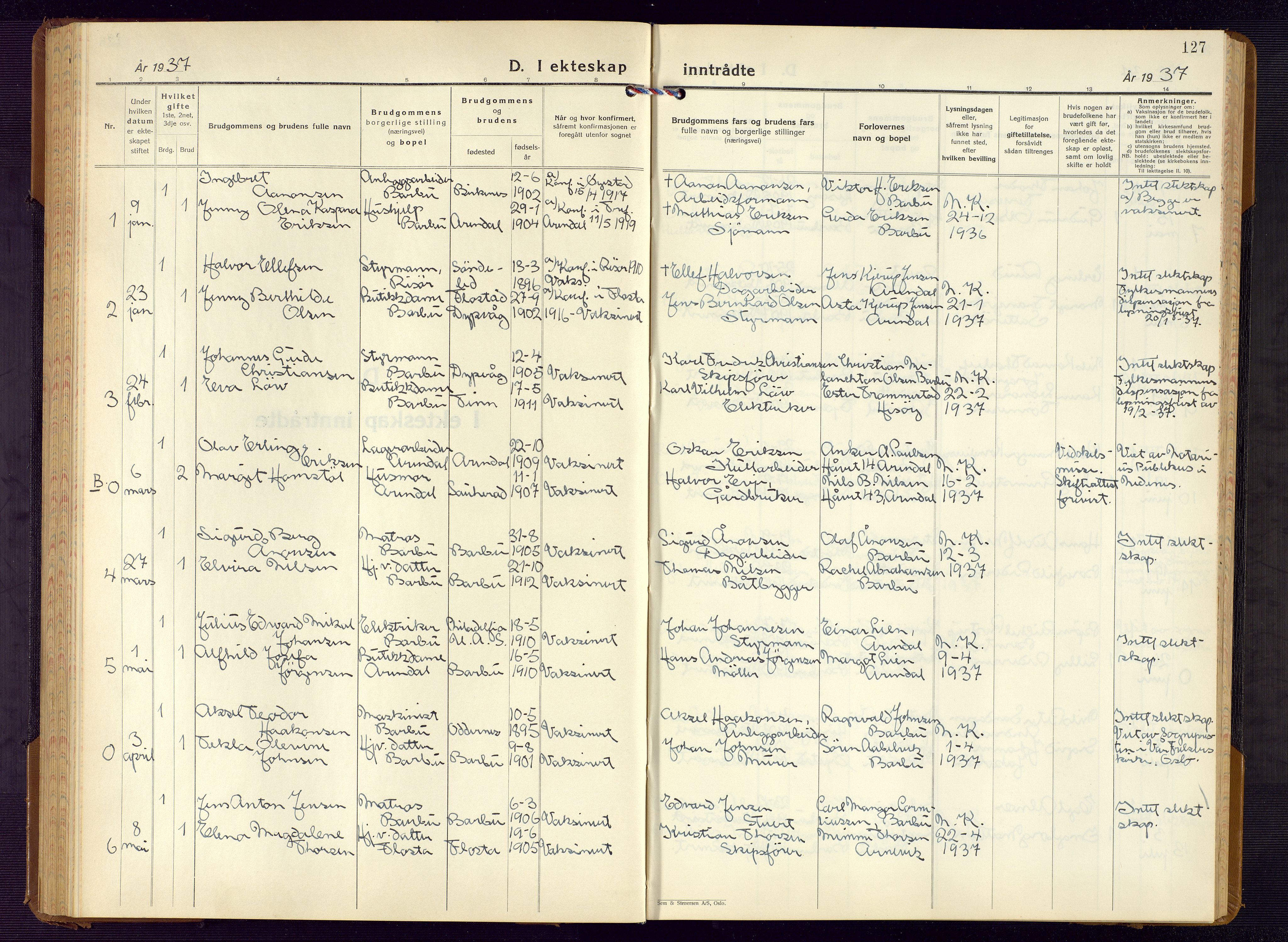 Barbu sokneprestkontor, AV/SAK-1111-0003/F/Fb/L0006: Parish register (copy) no. B 6, 1937-1947, p. 127