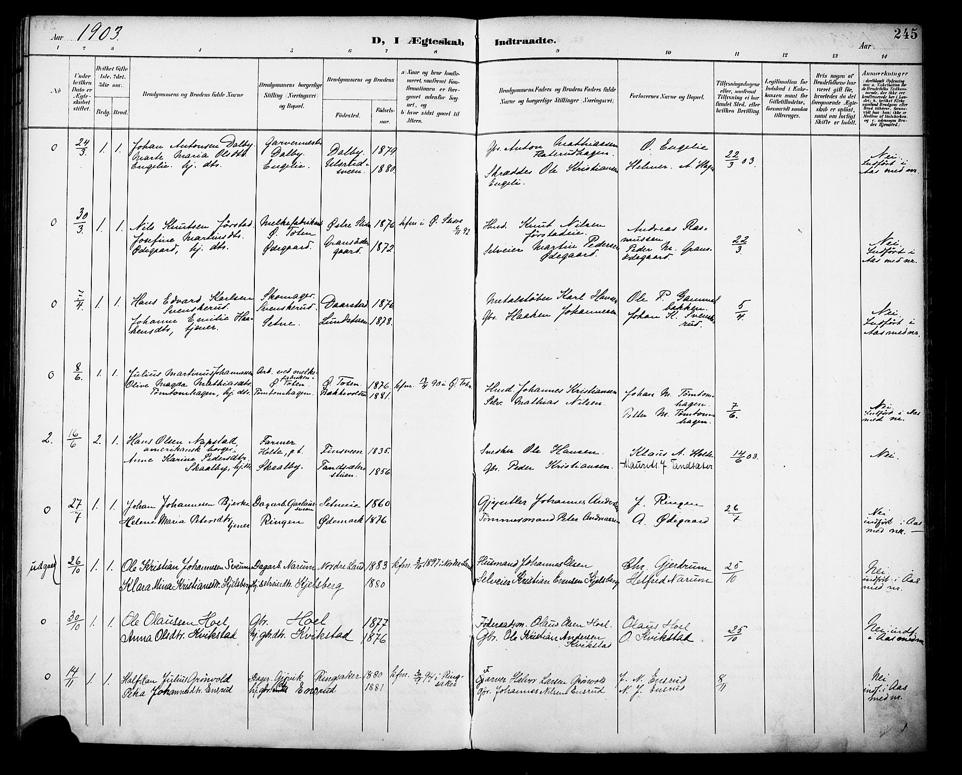 Vestre Toten prestekontor, SAH/PREST-108/H/Ha/Haa/L0013: Parish register (official) no. 13, 1895-1911, p. 245