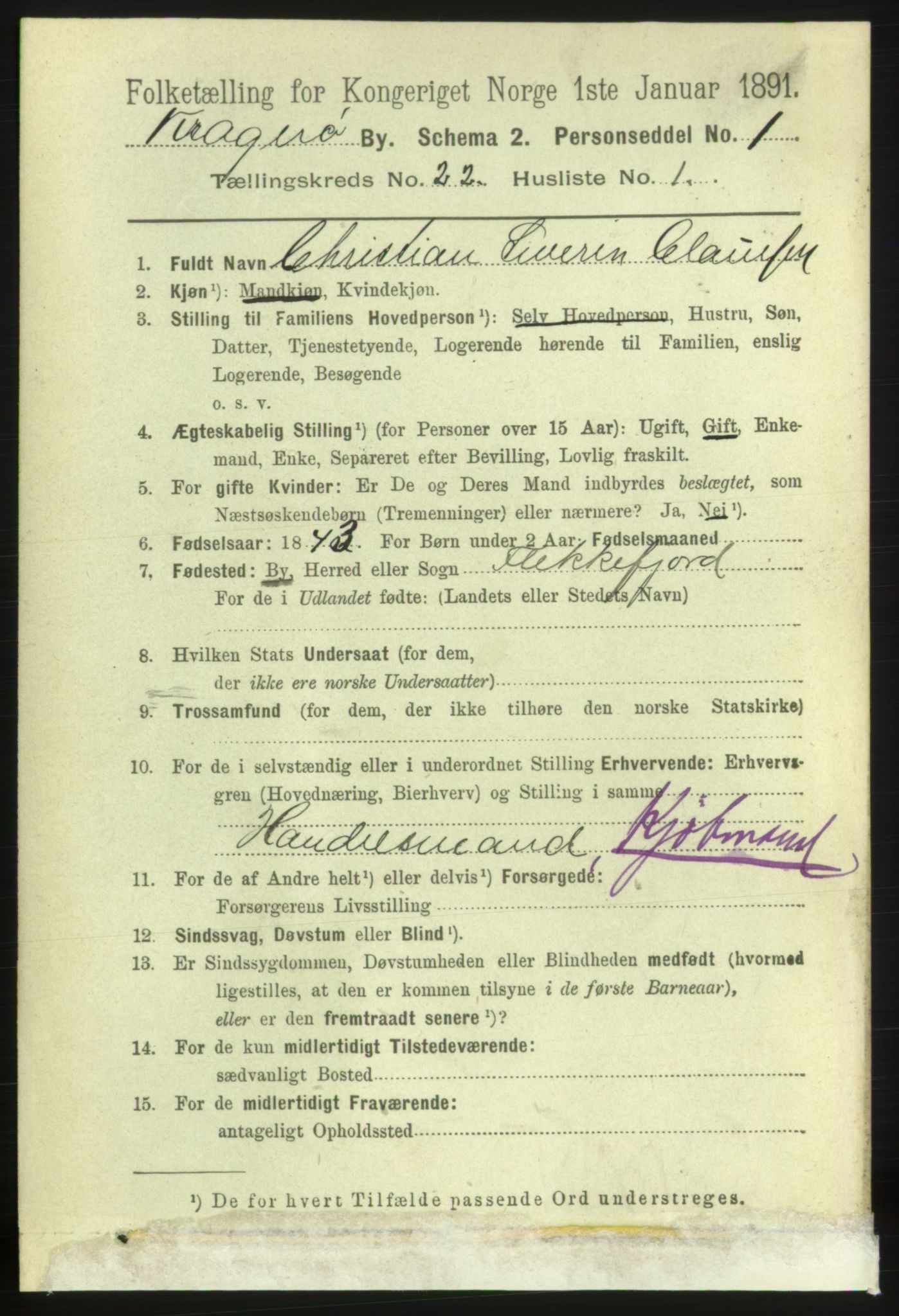 RA, 1891 census for 0801 Kragerø, 1891, p. 4758