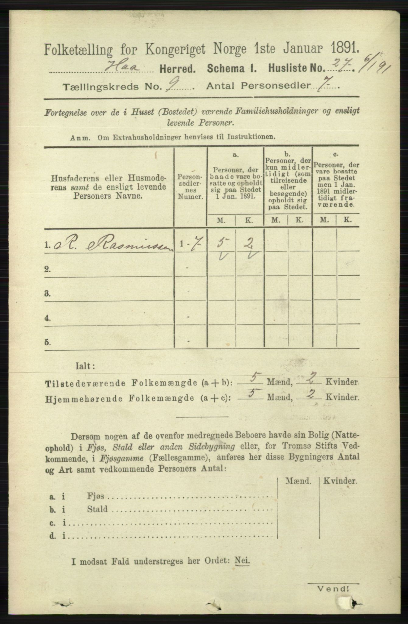 RA, 1891 census for 1119 Hå, 1891, p. 2192