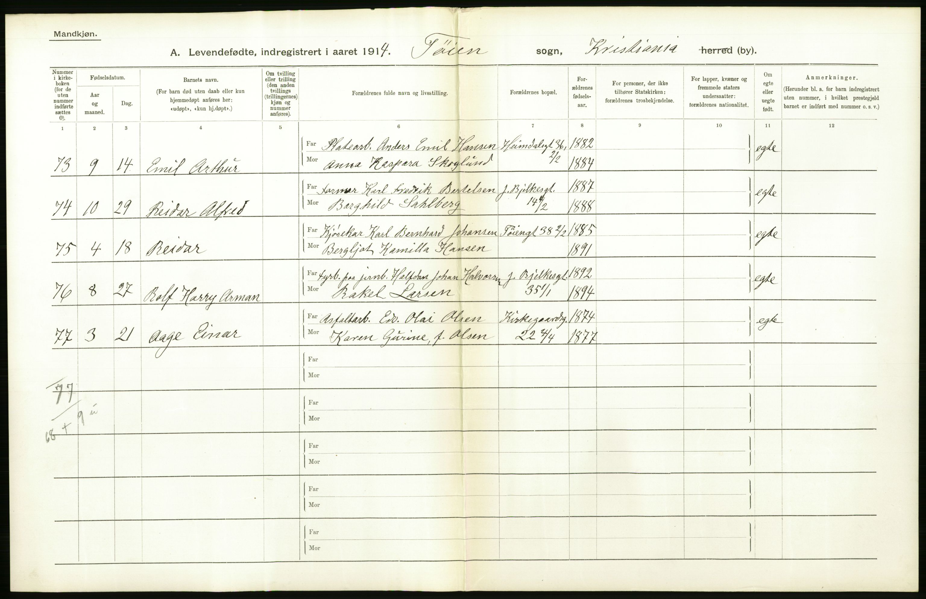 Statistisk sentralbyrå, Sosiodemografiske emner, Befolkning, AV/RA-S-2228/D/Df/Dfb/Dfbd/L0005: Kristiania: Levendefødte menn og kvinner., 1914, p. 370