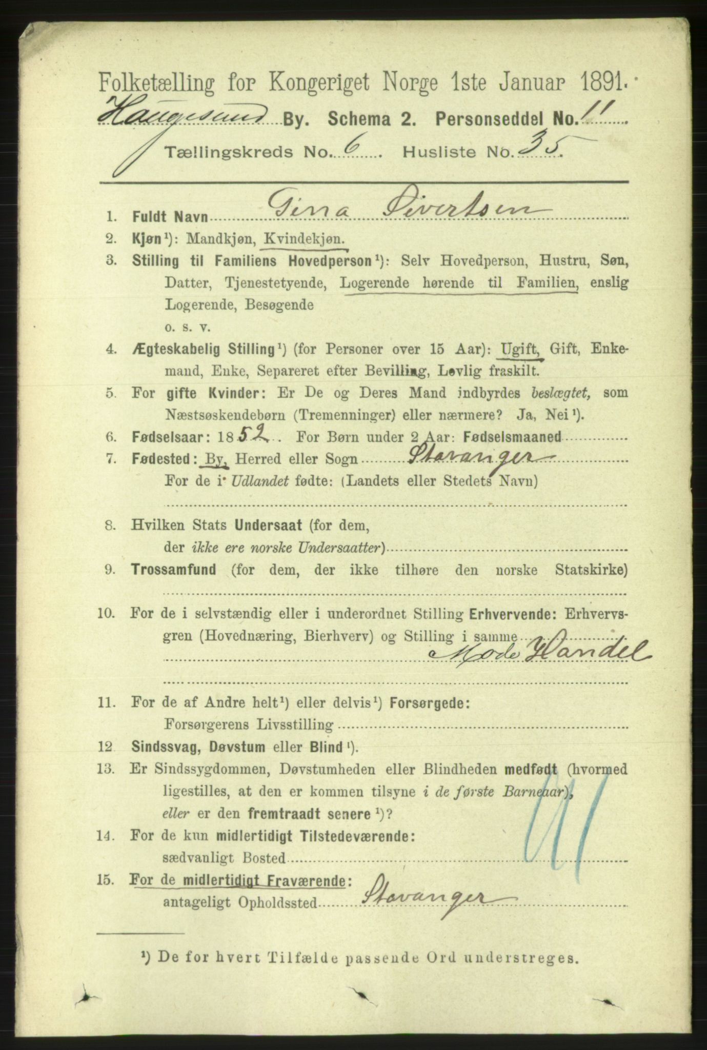 RA, 1891 census for 1106 Haugesund, 1891, p. 2962