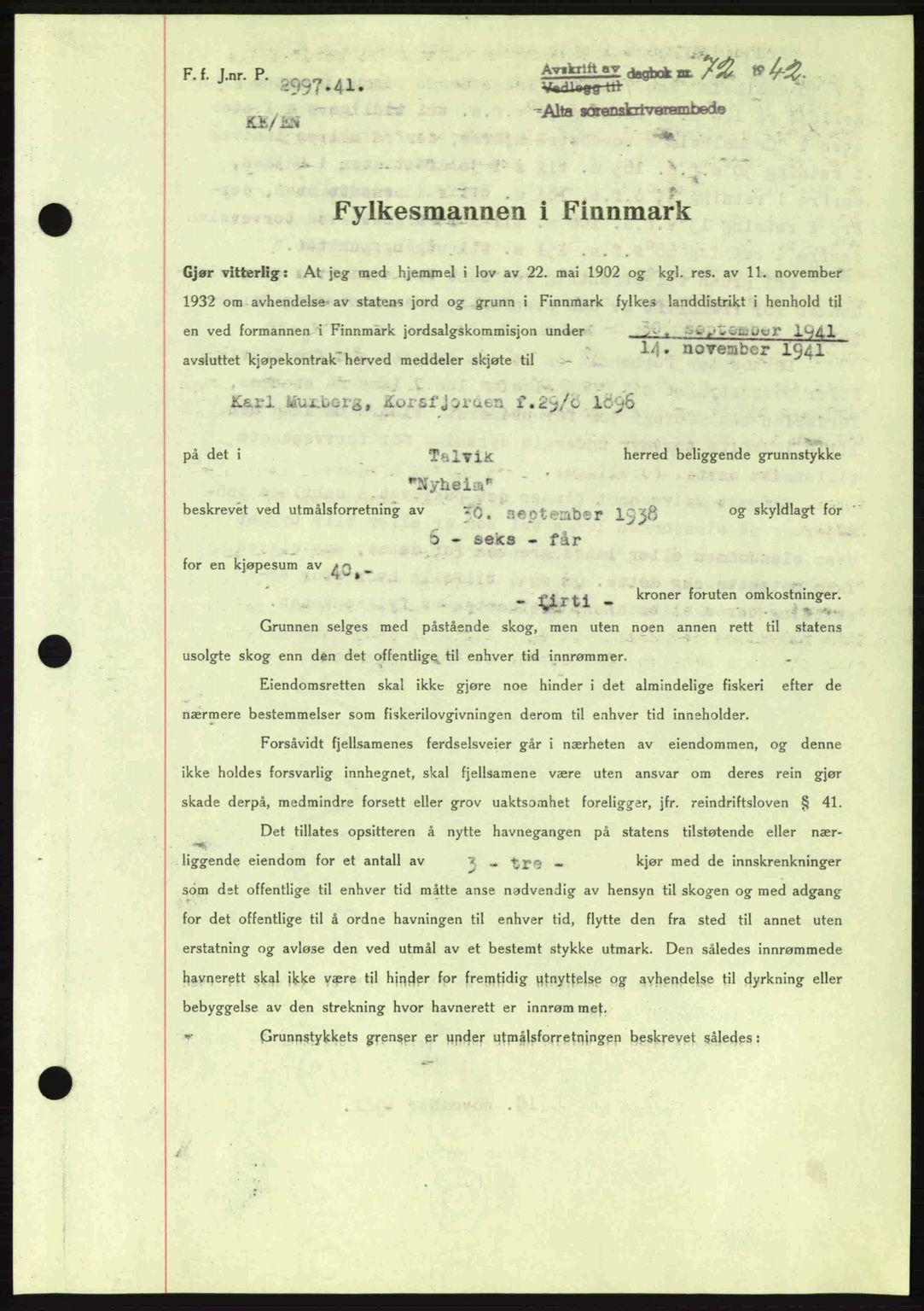 Alta fogderi/sorenskriveri, SATØ/SATØ-5/1/K/Kd/L0033pantebok: Mortgage book no. 33, 1940-1943, Diary no: : 72/1942
