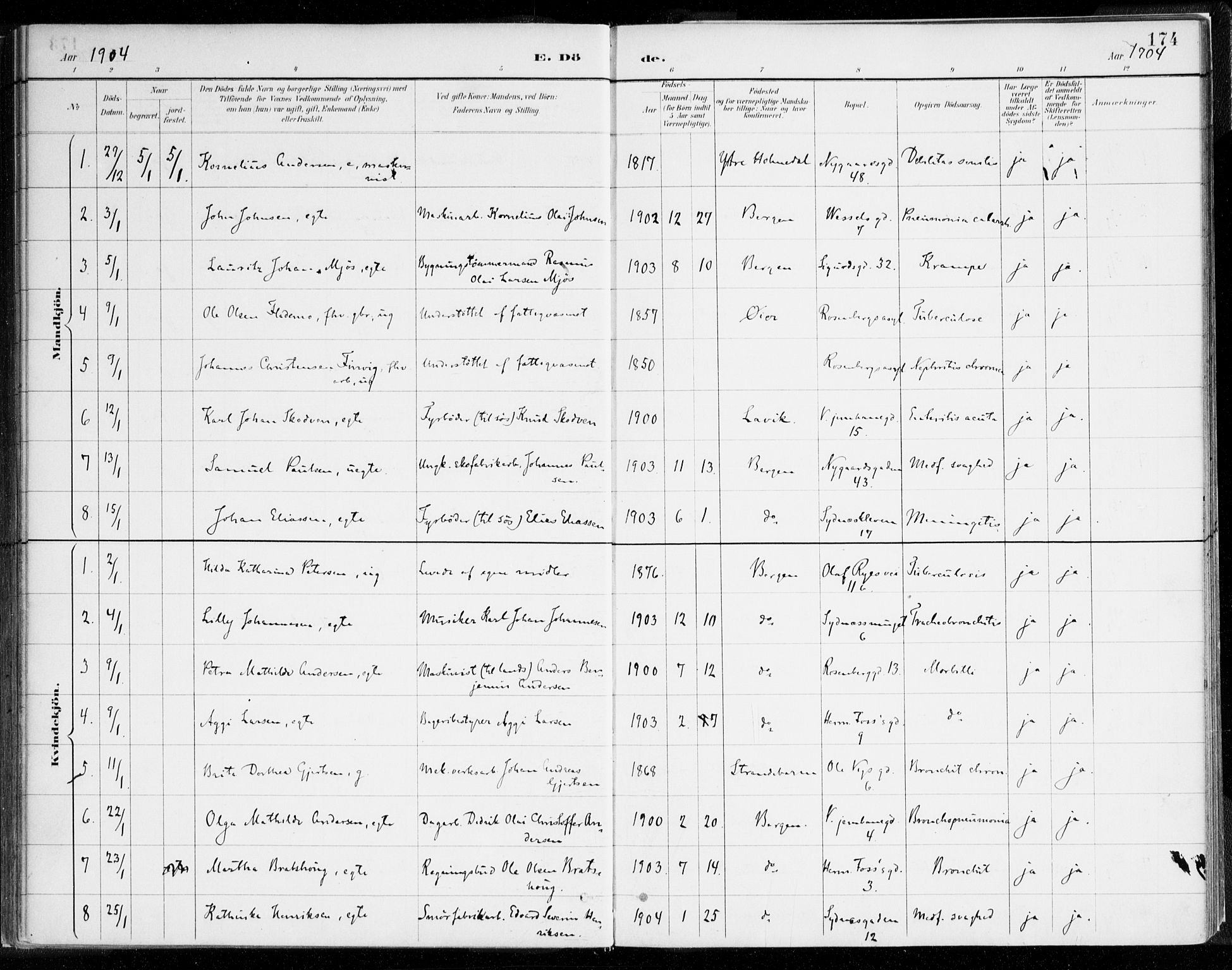 Johanneskirken sokneprestembete, SAB/A-76001/H/Haa/L0019: Parish register (official) no. E 1, 1885-1915, p. 174