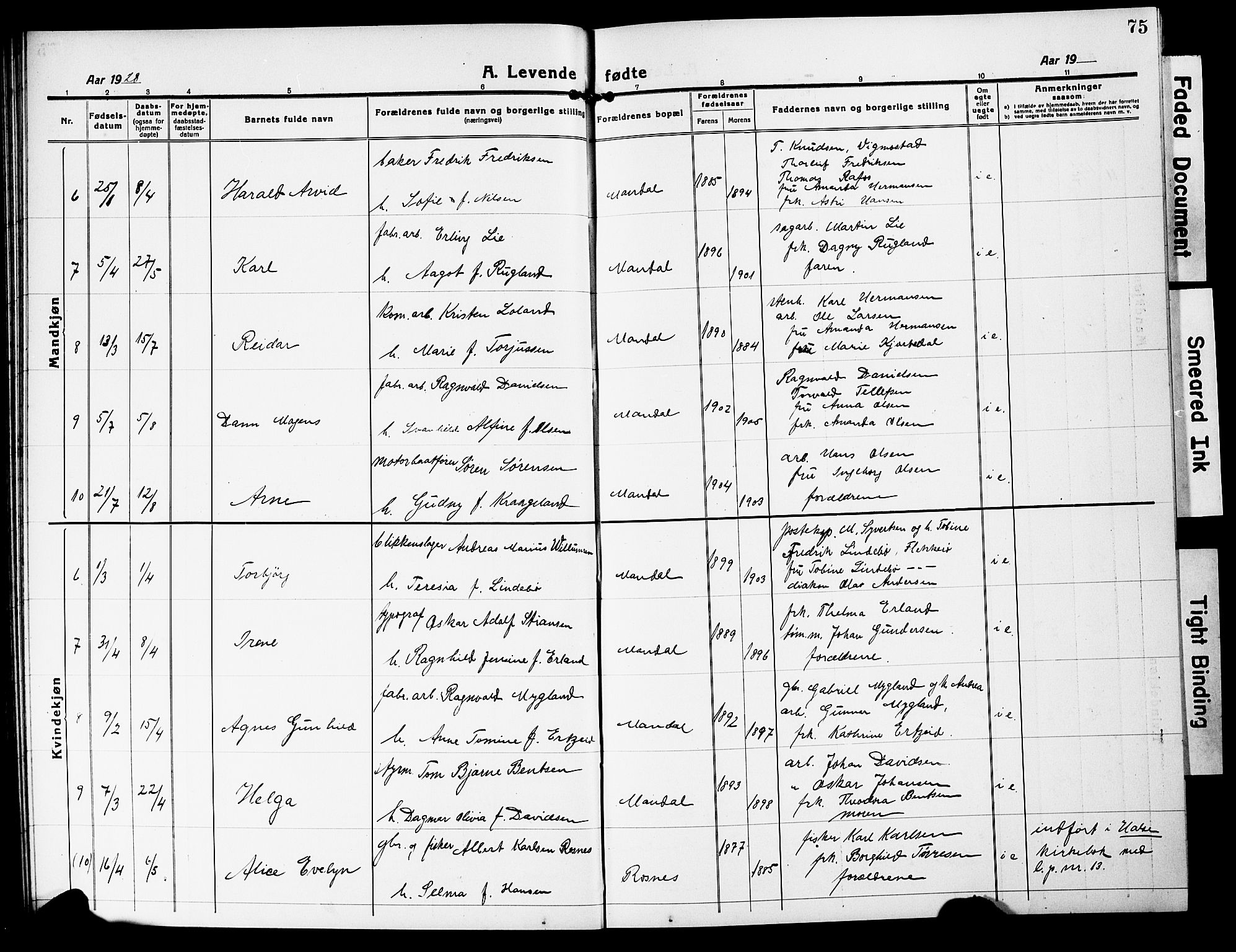 Mandal sokneprestkontor, SAK/1111-0030/F/Fb/Fbc/L0001: Parish register (copy) no. B 1, 1918-1931, p. 75