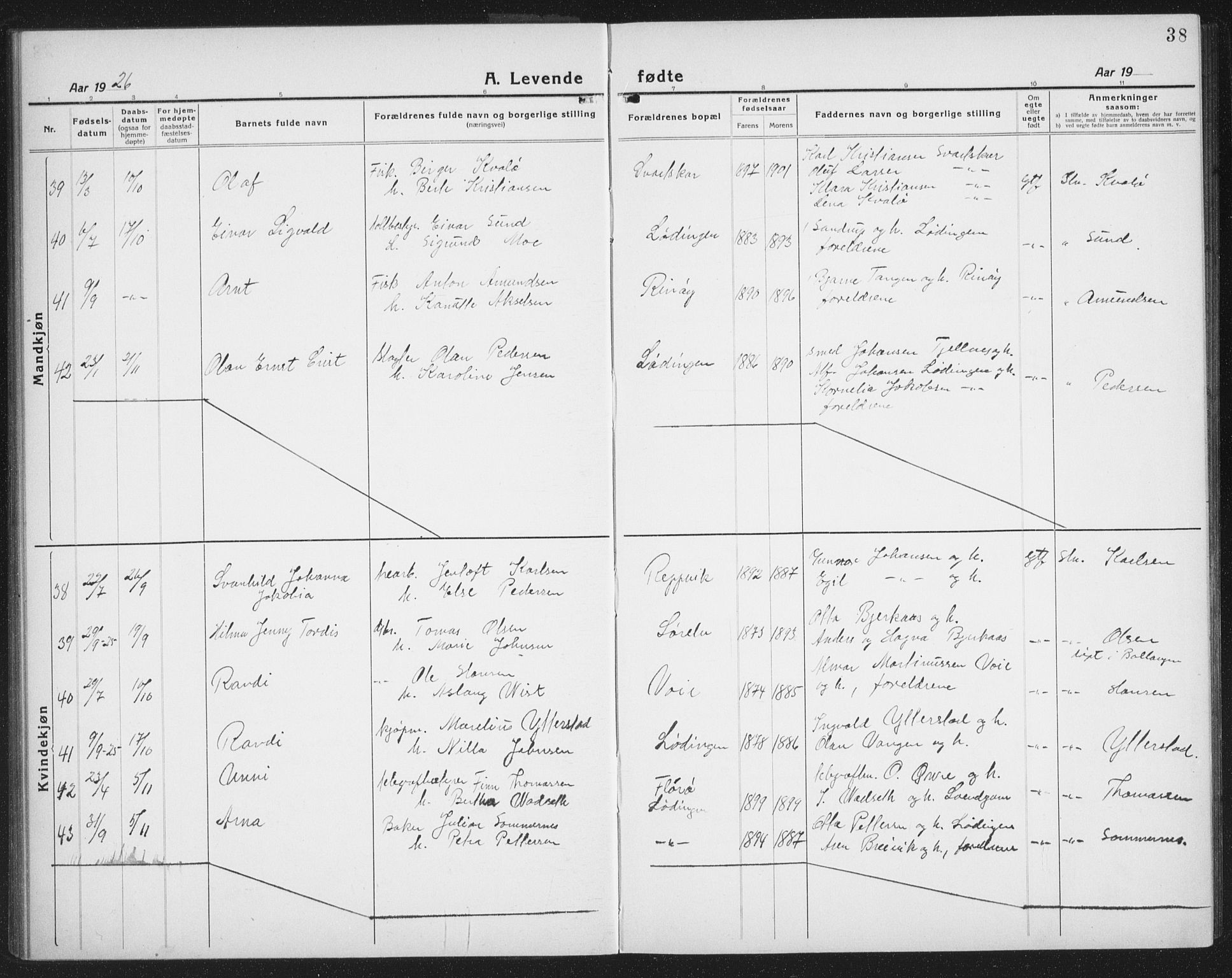 Ministerialprotokoller, klokkerbøker og fødselsregistre - Nordland, AV/SAT-A-1459/872/L1049: Parish register (copy) no. 872C05, 1920-1938, p. 38