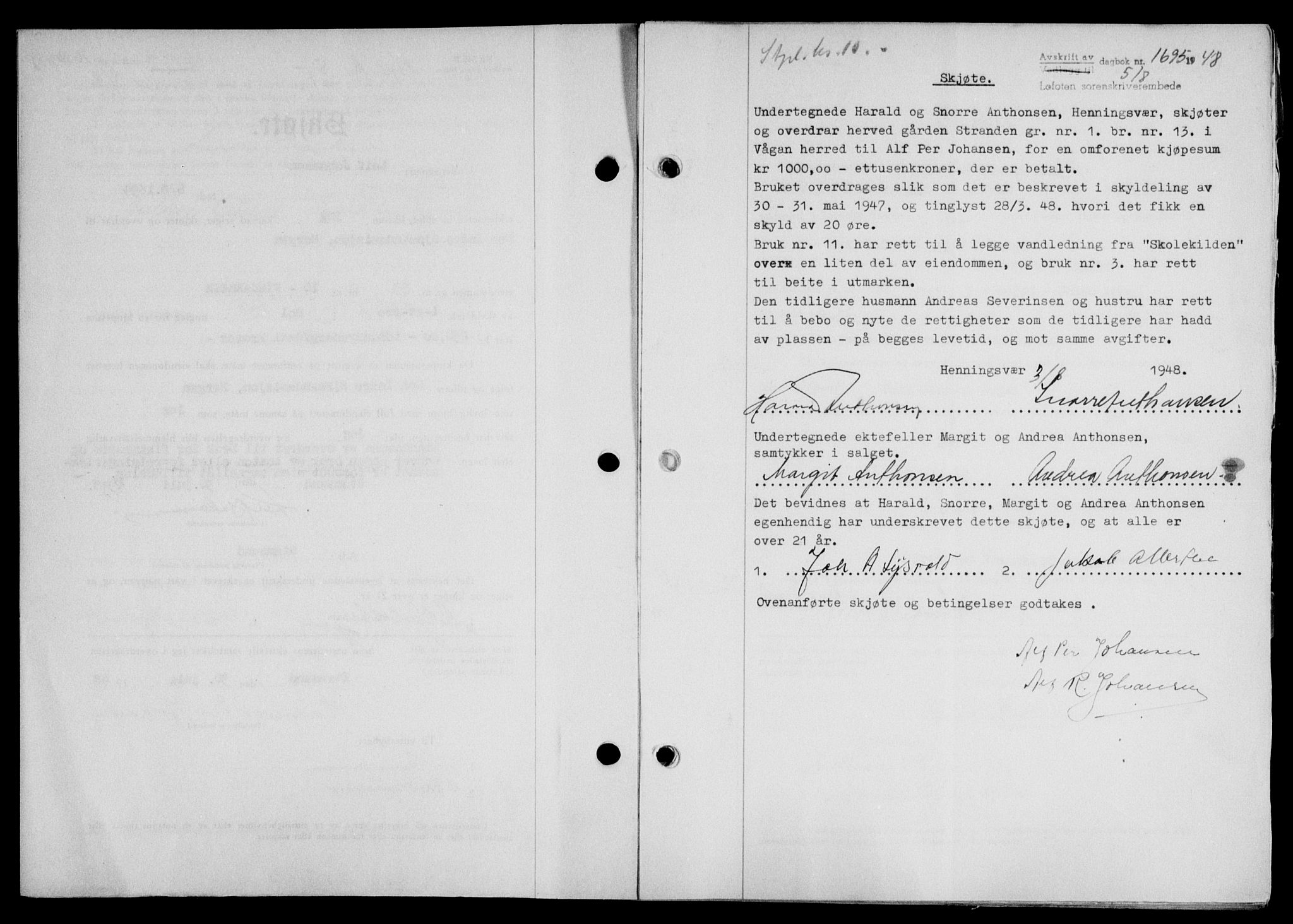 Lofoten sorenskriveri, SAT/A-0017/1/2/2C/L0019a: Mortgage book no. 19a, 1948-1948, Diary no: : 1695/1948