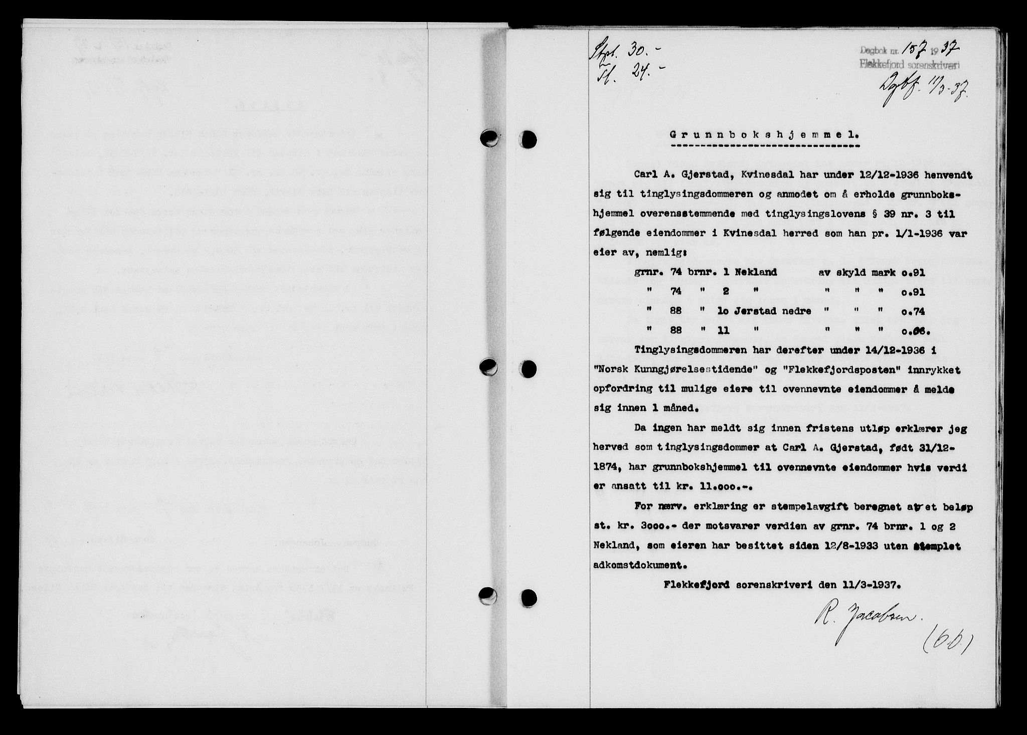 Flekkefjord sorenskriveri, SAK/1221-0001/G/Gb/Gba/L0053: Mortgage book no. A-1, 1936-1937, Diary no: : 157/1937