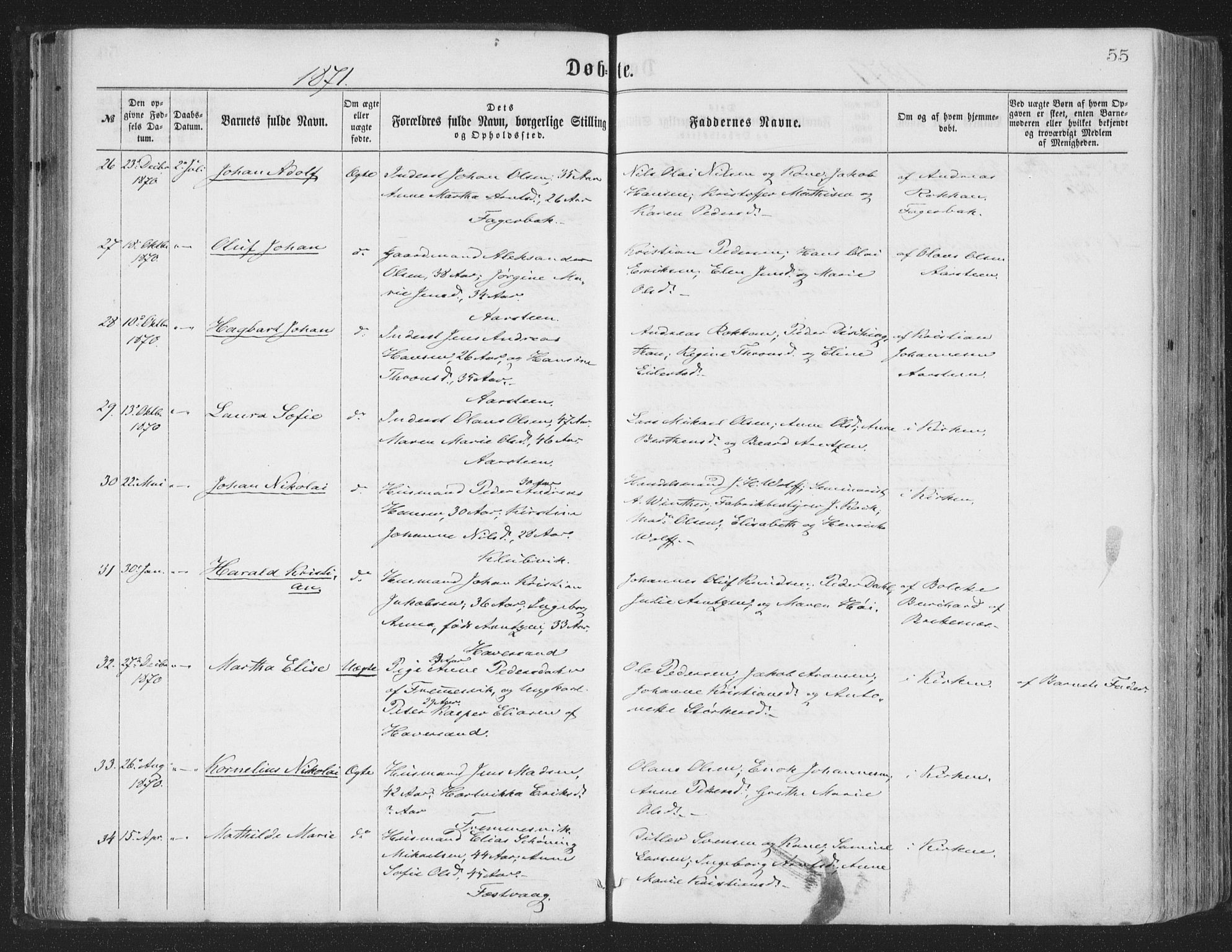 Ministerialprotokoller, klokkerbøker og fødselsregistre - Nordland, AV/SAT-A-1459/874/L1057: Parish register (official) no. 874A01, 1866-1877, p. 55