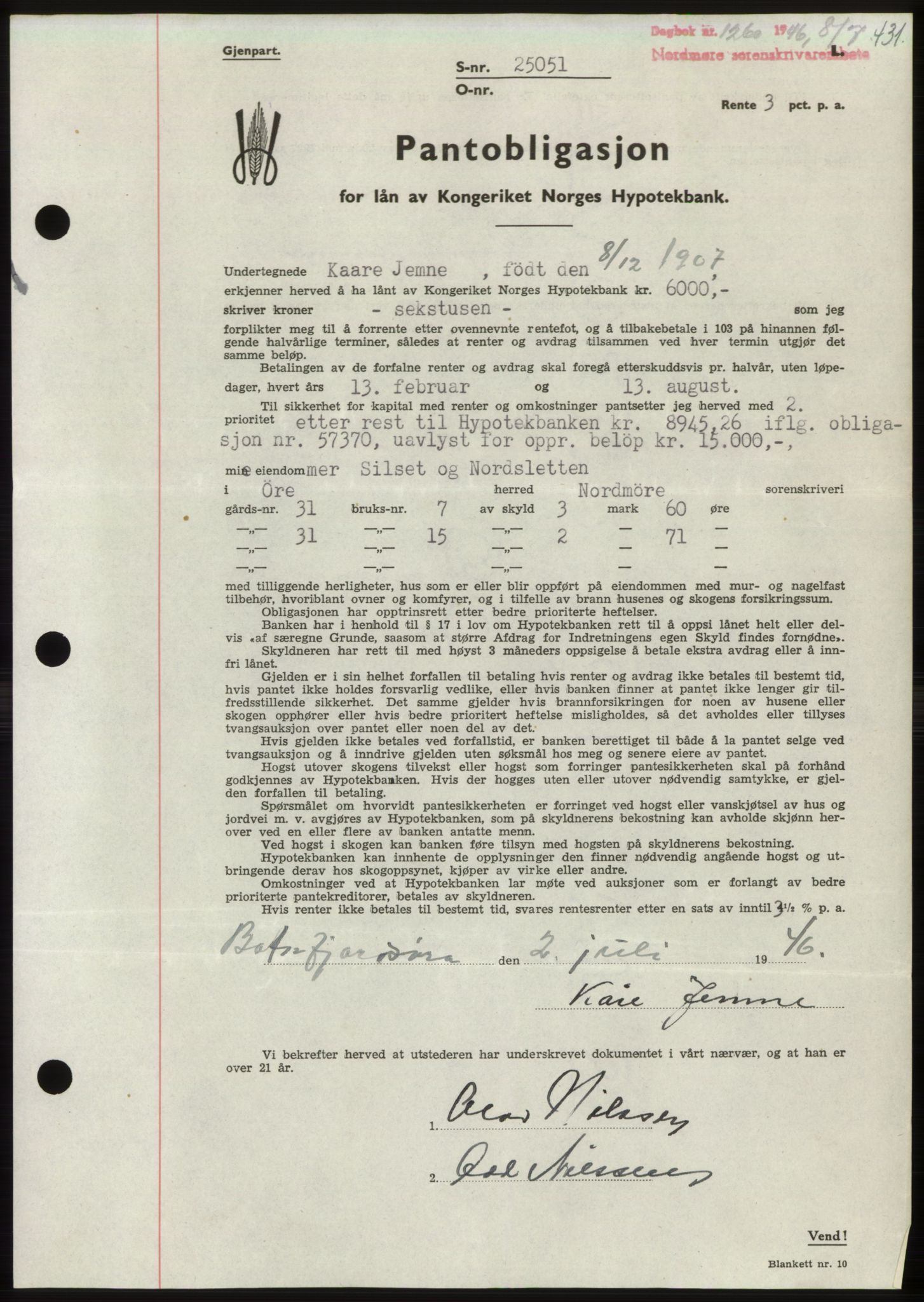 Nordmøre sorenskriveri, AV/SAT-A-4132/1/2/2Ca: Mortgage book no. B94, 1946-1946, Diary no: : 1260/1946