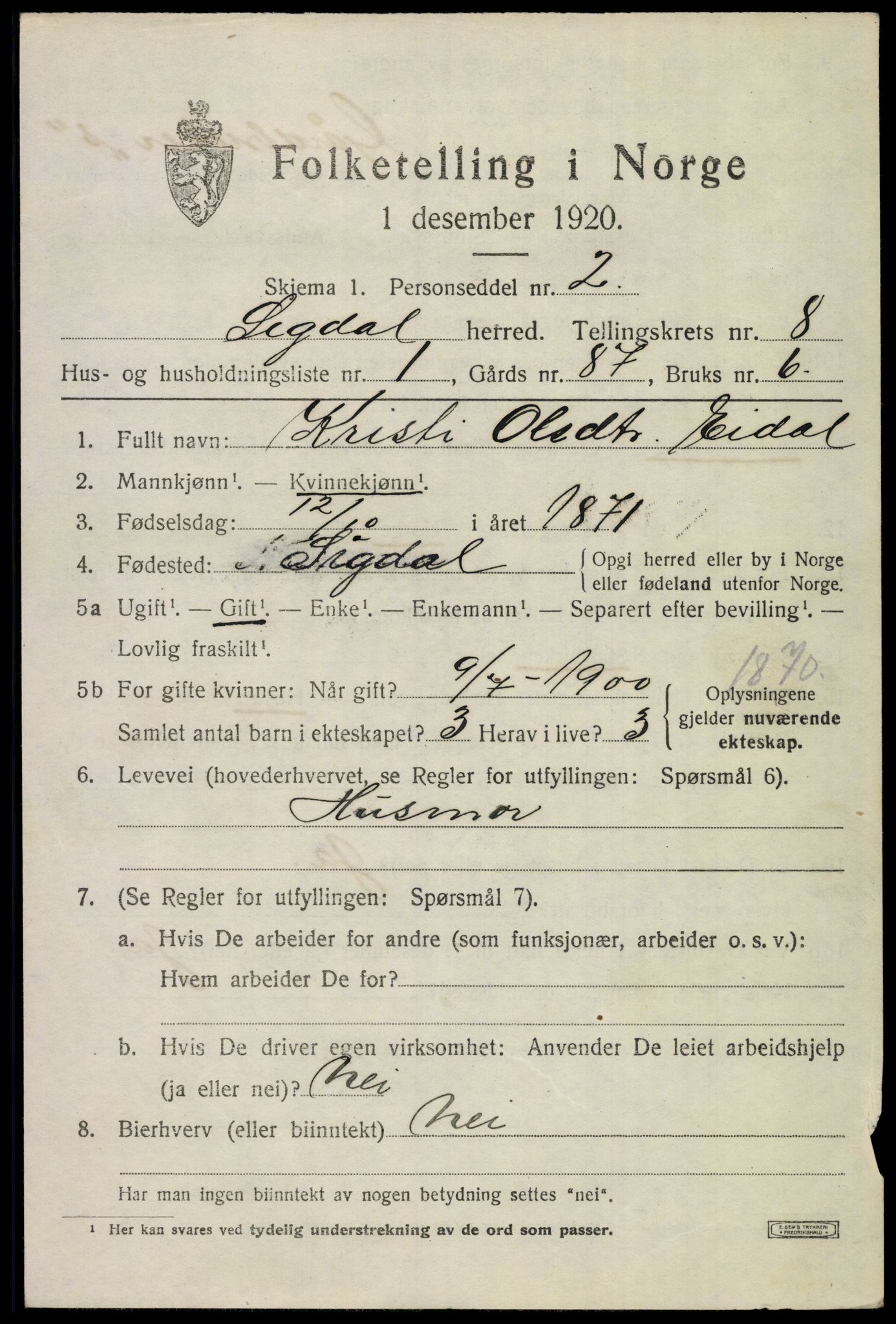 SAKO, 1920 census for Sigdal, 1920, p. 5998