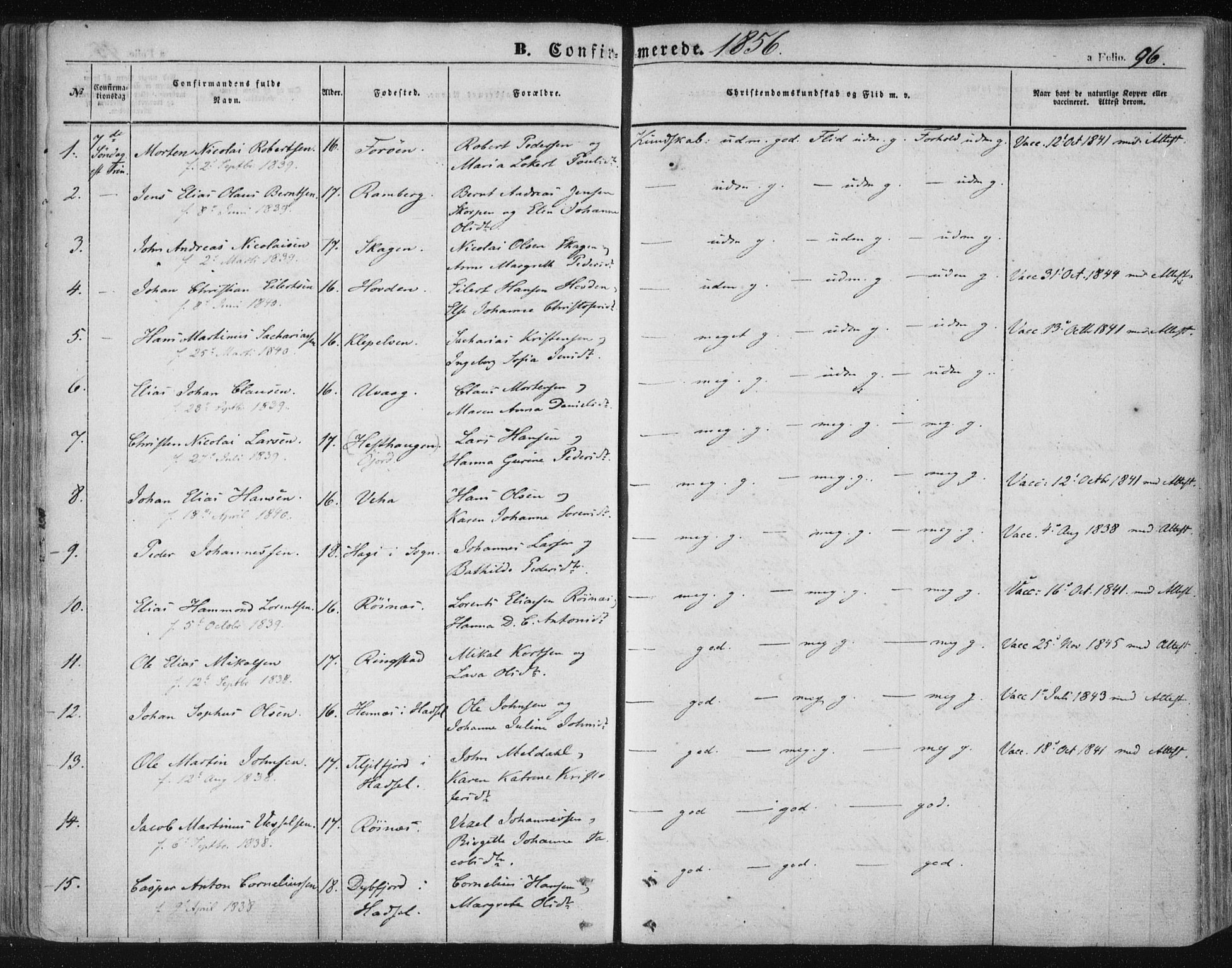 Ministerialprotokoller, klokkerbøker og fødselsregistre - Nordland, SAT/A-1459/891/L1300: Parish register (official) no. 891A05, 1856-1870, p. 96