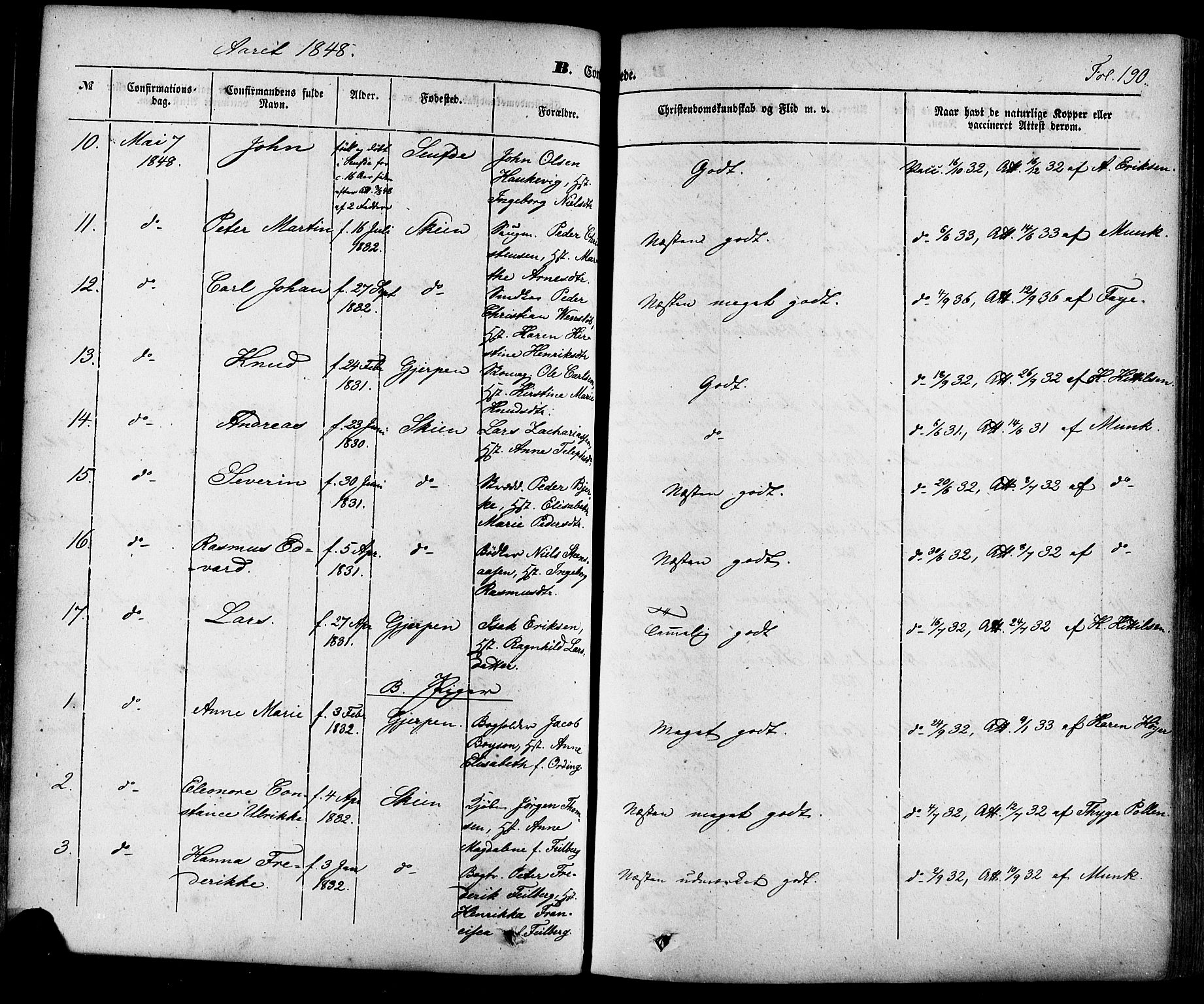 Skien kirkebøker, SAKO/A-302/F/Fa/L0006a: Parish register (official) no. 6A, 1843-1856, p. 190