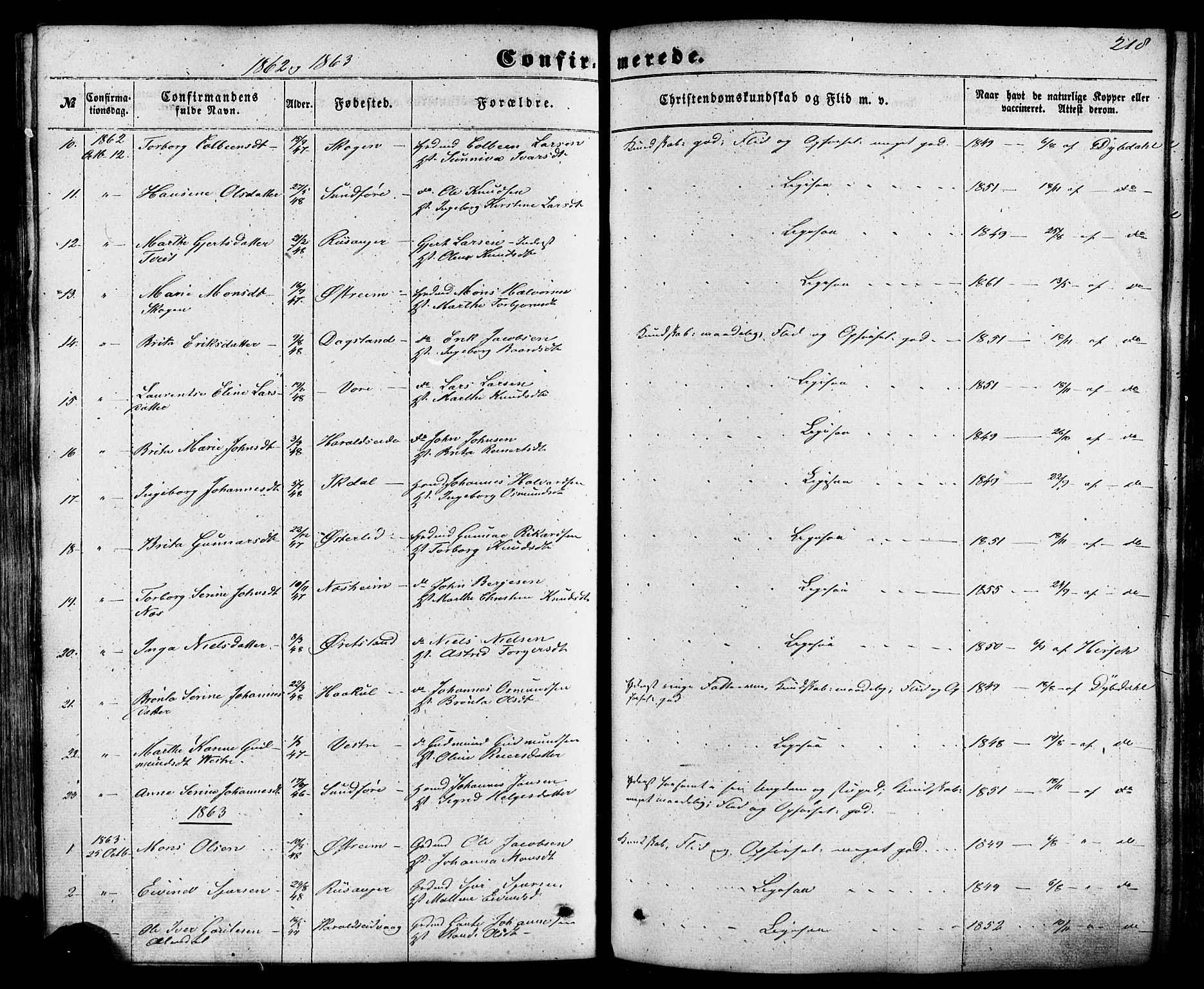 Skjold sokneprestkontor, AV/SAST-A-101847/H/Ha/Haa/L0008: Parish register (official) no. A 8, 1856-1882, p. 218