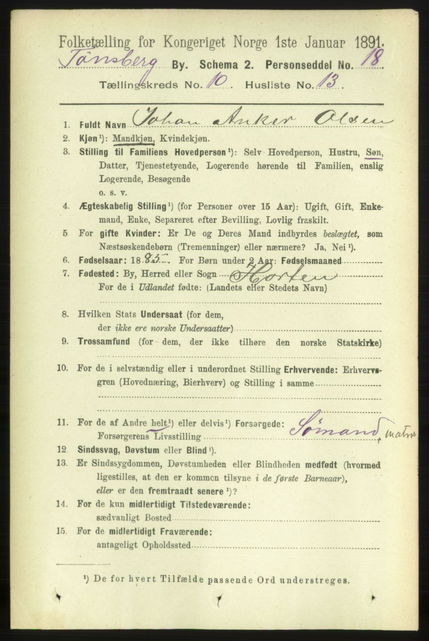 RA, 1891 census for 0705 Tønsberg, 1891, p. 3778