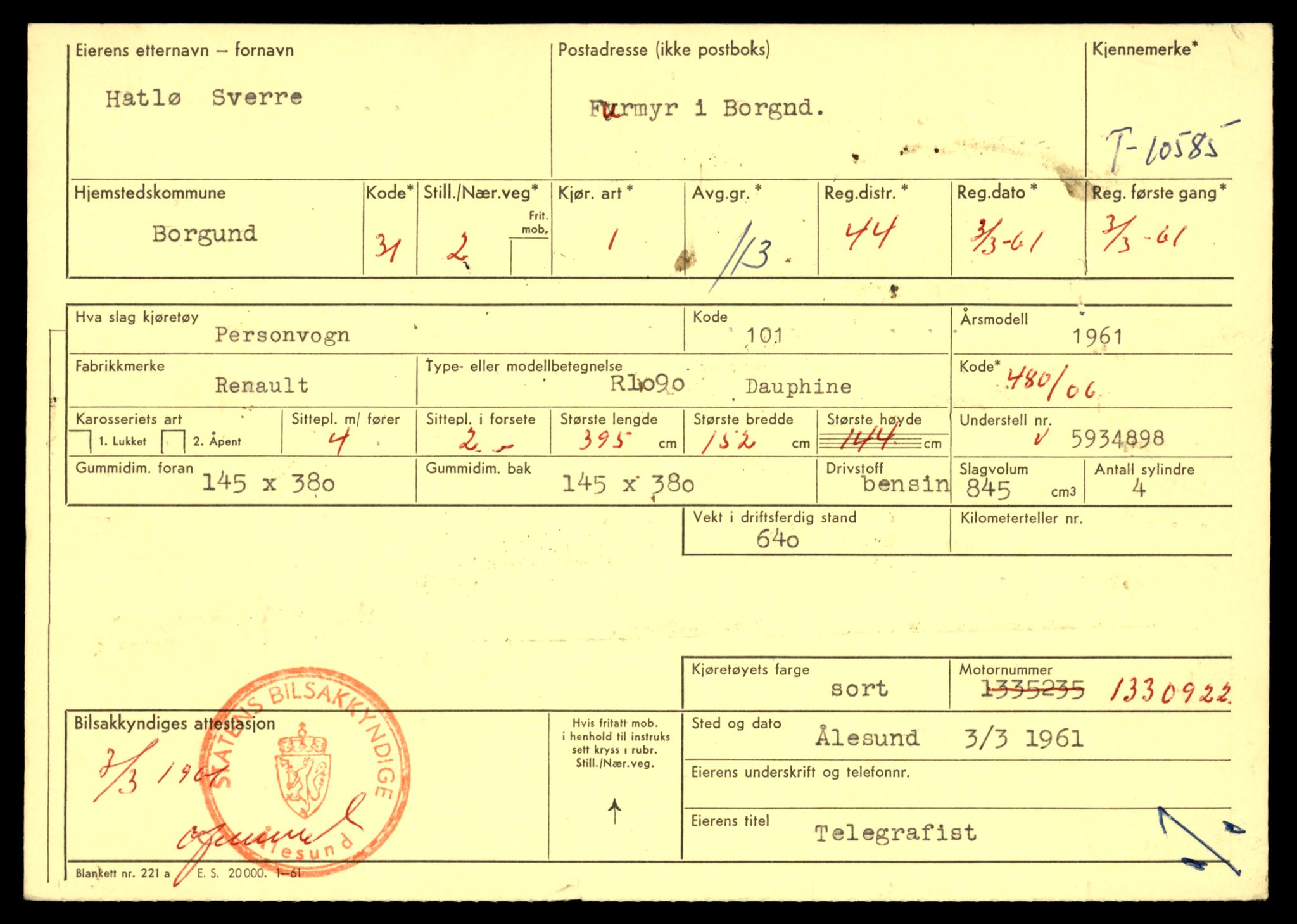Møre og Romsdal vegkontor - Ålesund trafikkstasjon, AV/SAT-A-4099/F/Fe/L0022: Registreringskort for kjøretøy T 10584 - T 10694, 1927-1998, p. 77